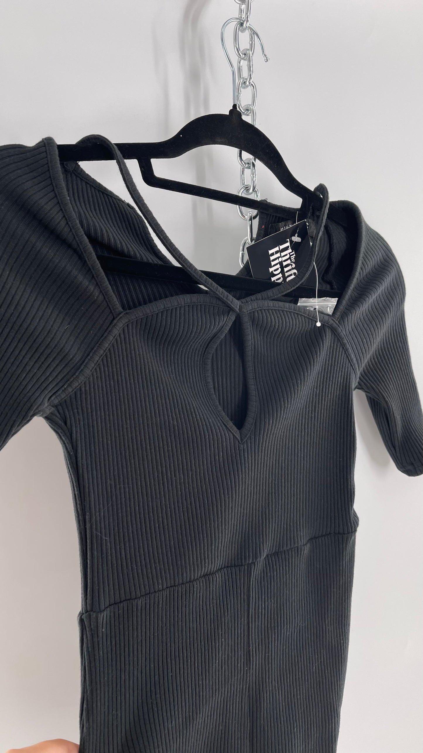 Urban Outfitters Black Ribbed Jumpsuit with Detailed Neckline (Small)