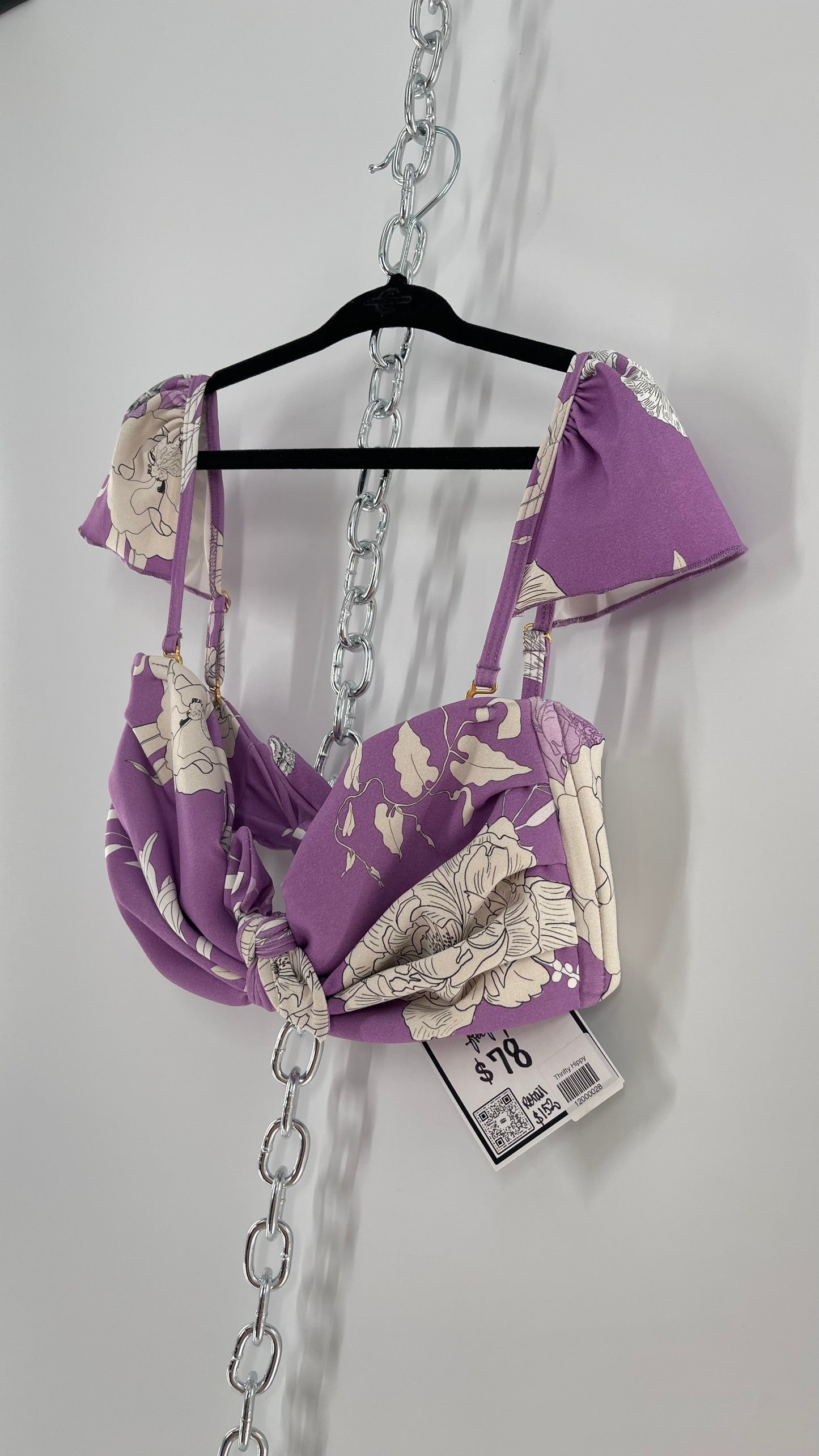 Montce Lilac Lavender Floral Swim Top with Tie Front and Ruffled Shoulder (Medium)