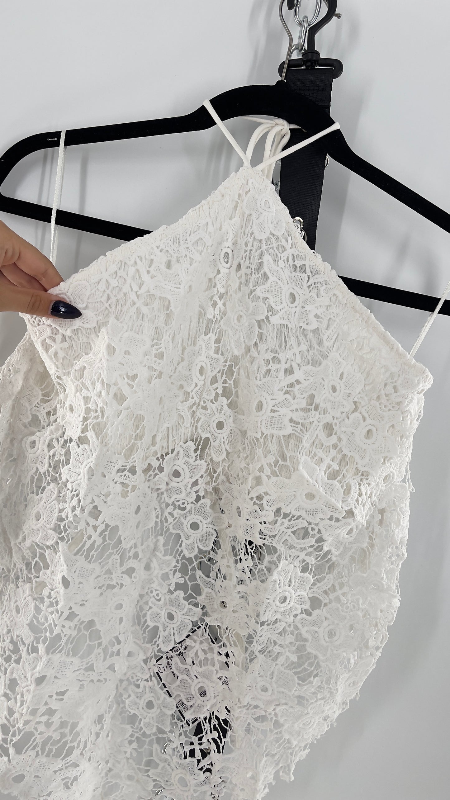 Free People White Smocked Halter with Lace Overlay (Large)