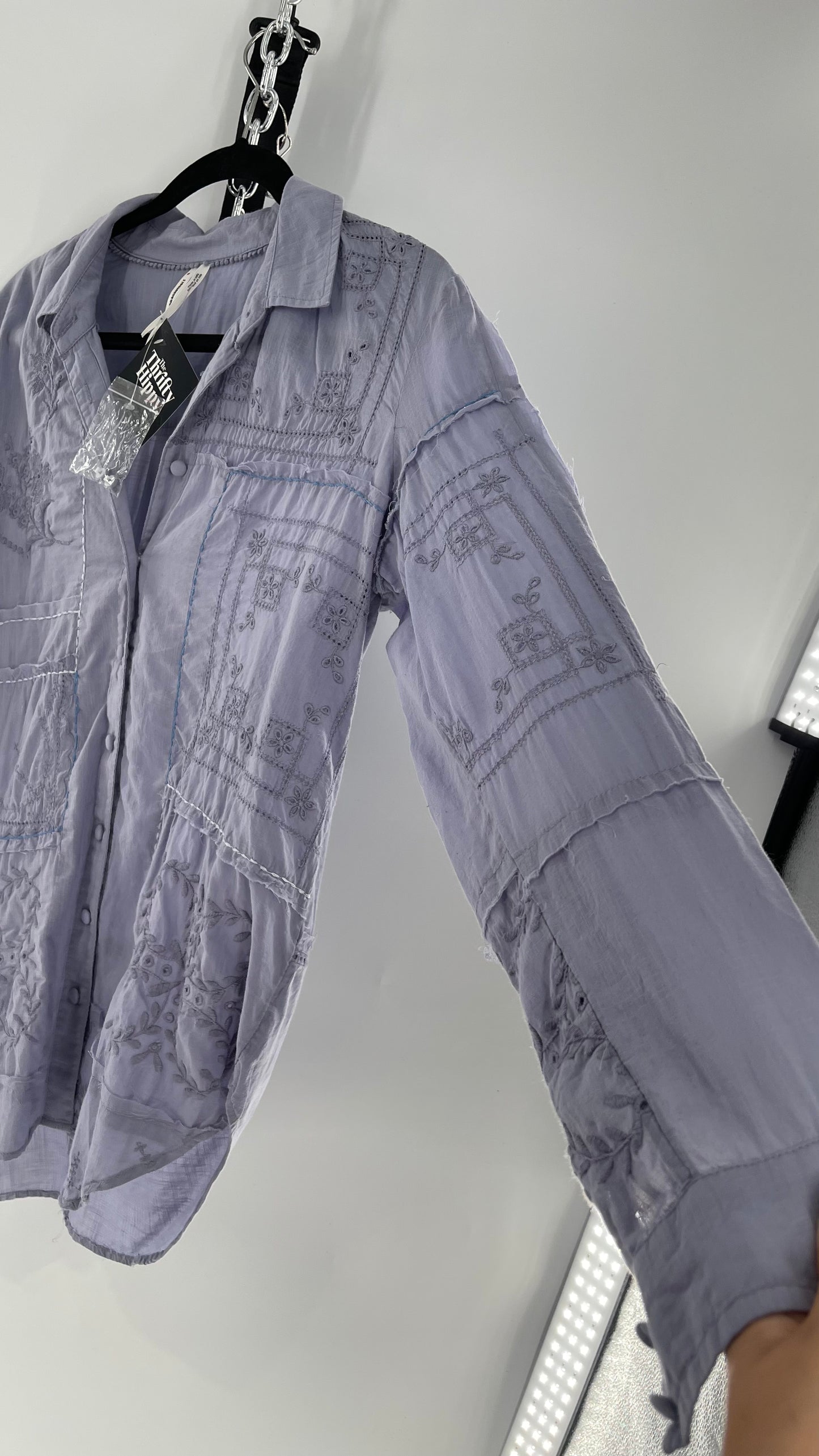 Anthropologie Powder Blue Patchwork Embroidered Long Sleeve (Small)