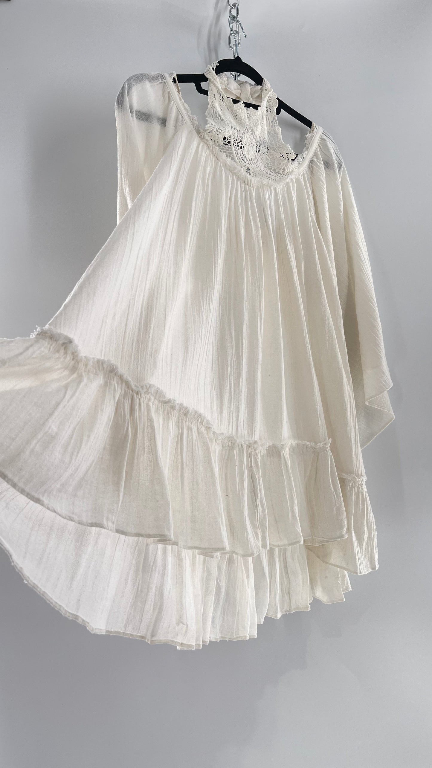 Free People Flowy Gauze/Cotton Free Flow Dress with Lace Halter (Small)