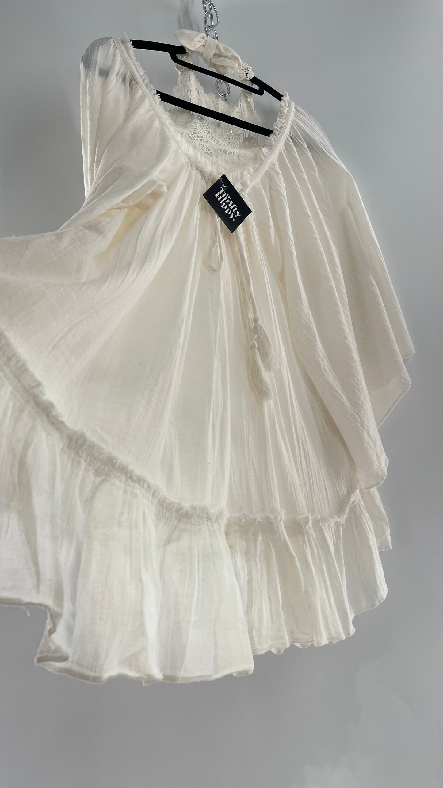 Free People Flowy Gauze/Cotton Free Flow Dress with Lace Halter (Small)