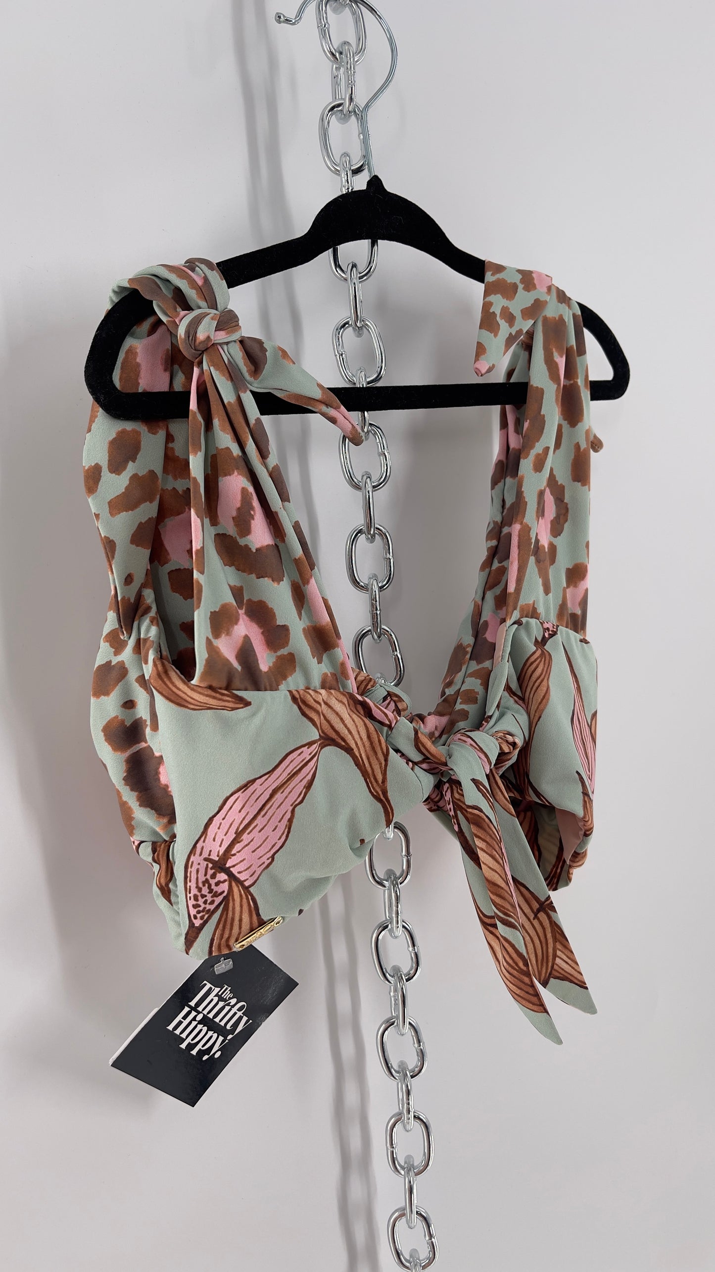 PatBo Light Blue Cheetah Brazilian Swim Top with Tie Bust and Shoulders (XS)