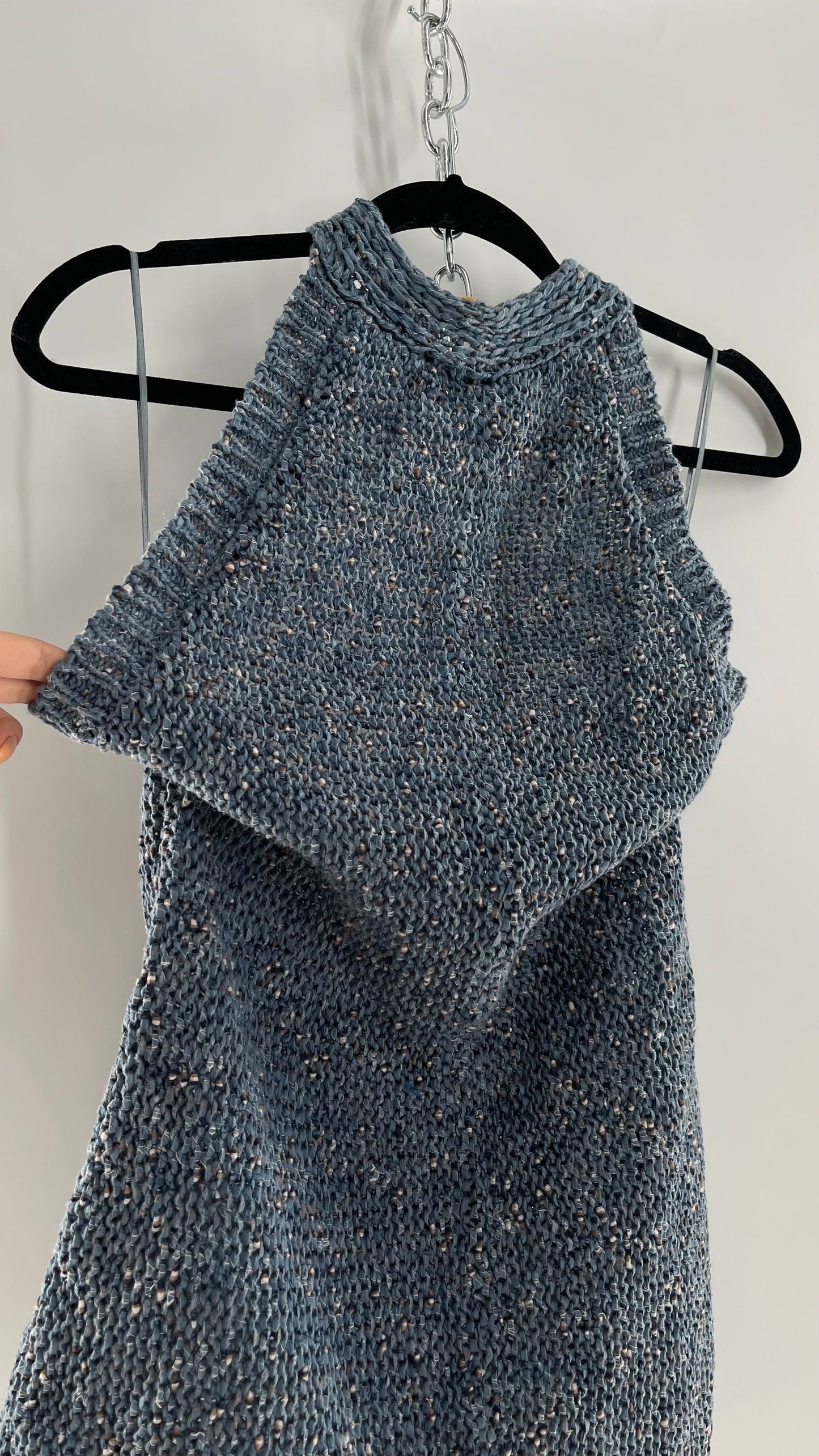 Free People Blue Crochet Knit Halter Romper (Medium)