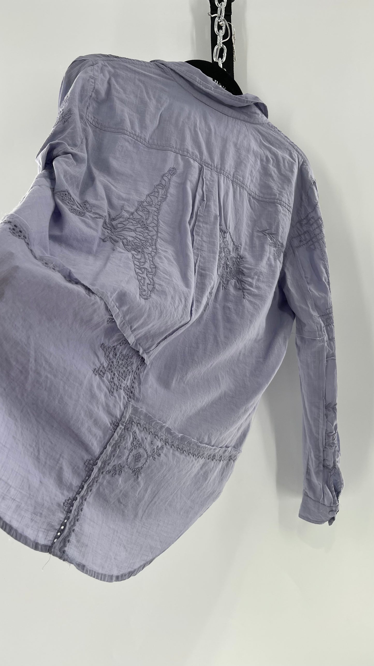 Anthropologie Powder Blue Patchwork Embroidered Long Sleeve (Small)