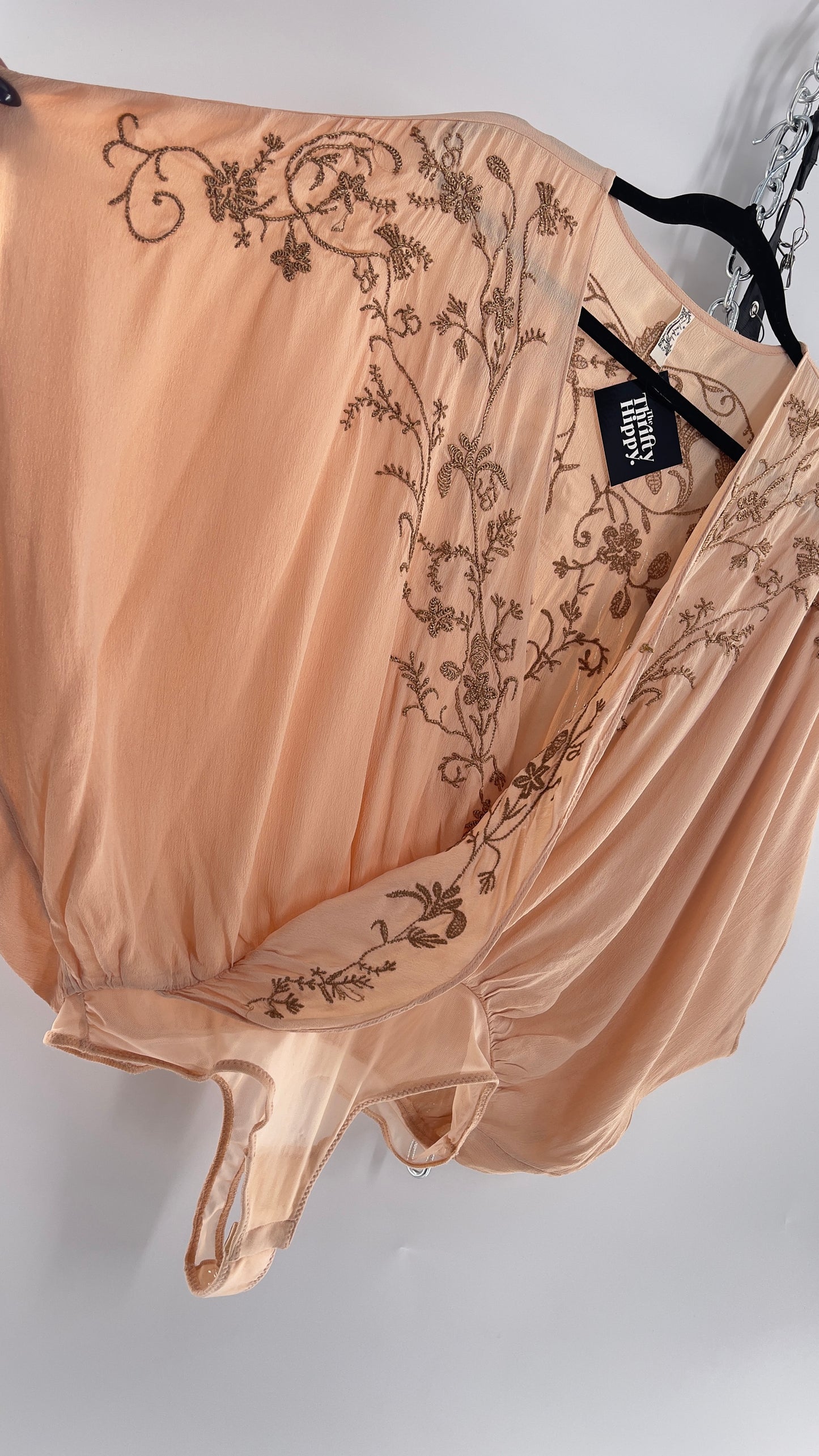 Free People Blush Short Sleeve Bodysuit with Gold Embroidered Blossoms (Small)