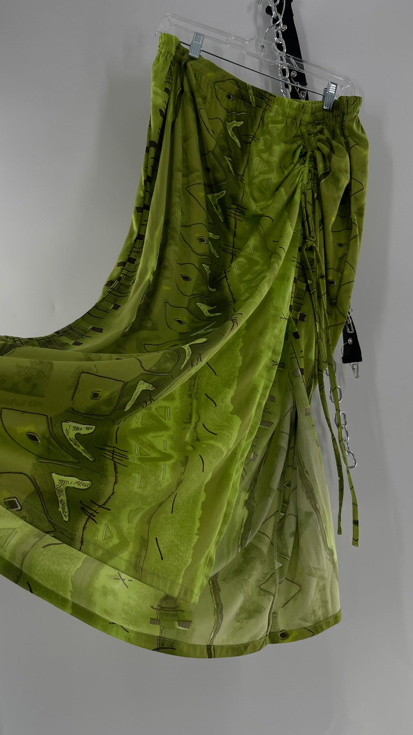 Vintage 90s Lime Green Patterned Ruche Side Slit Skirt (XXL)