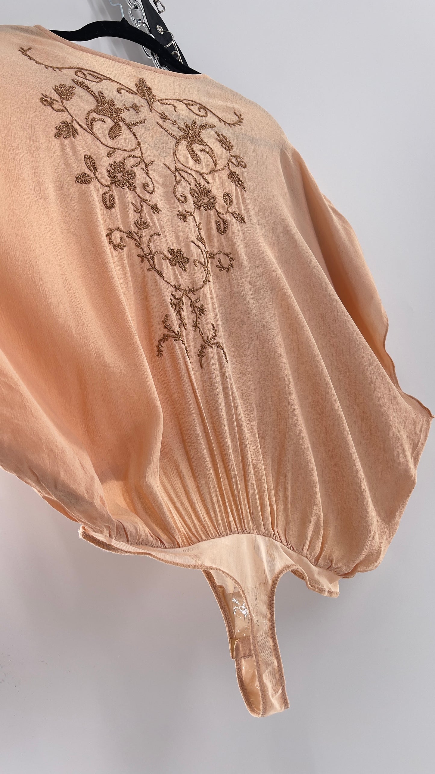 Free People Blush Short Sleeve Bodysuit with Gold Embroidered Blossoms (Small)