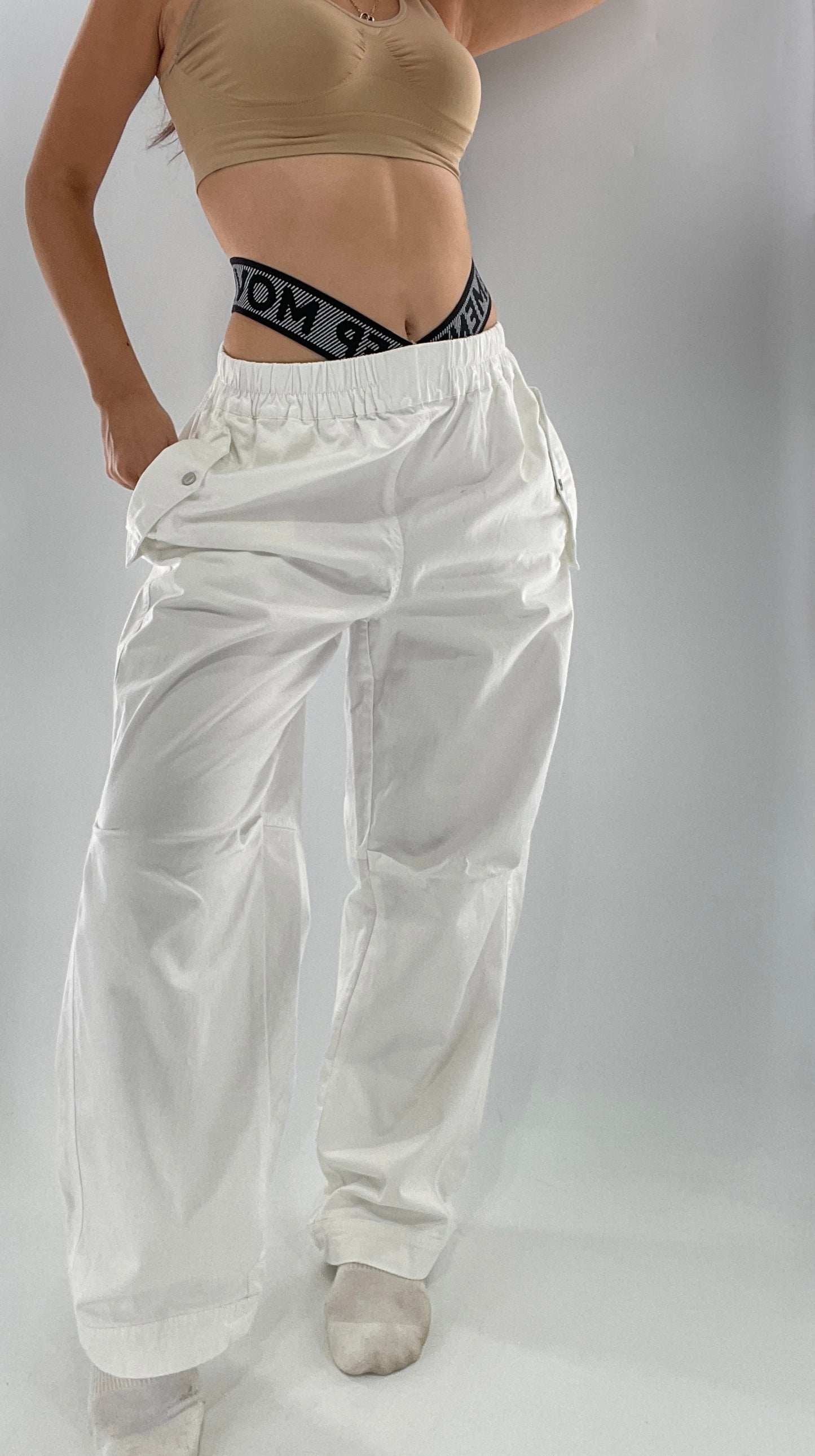 Free People Movement White Carpenter Pant with Branded Double Waistband (Small)