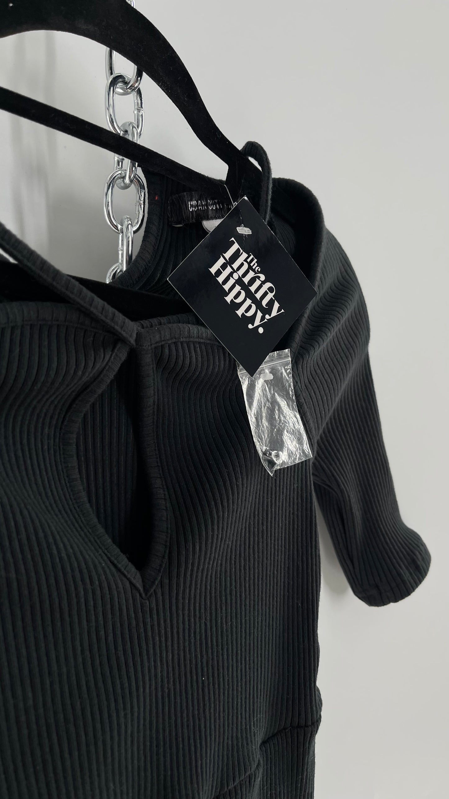 Urban Outfitters Black Ribbed Jumpsuit with Detailed Neckline (Small)