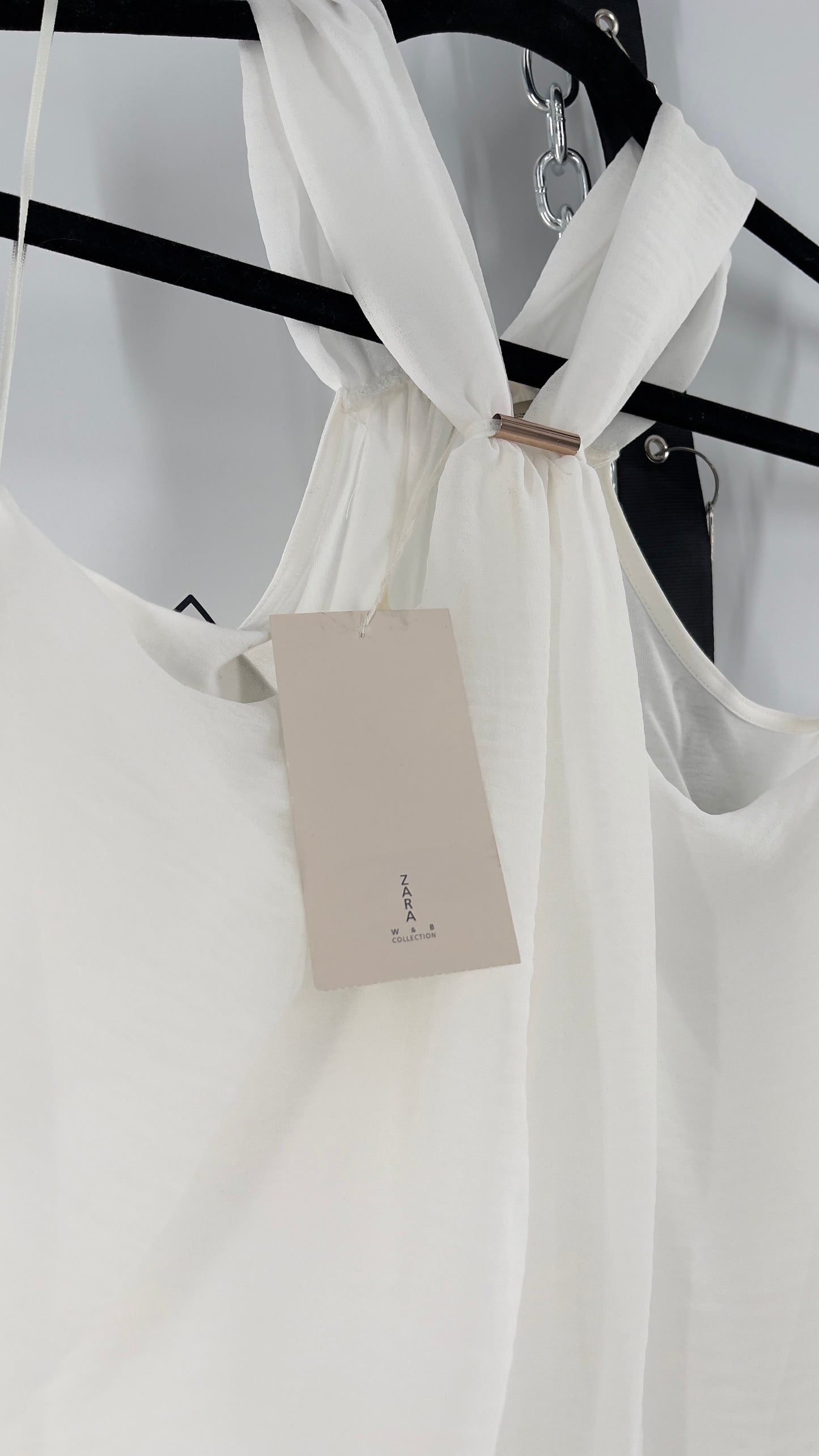 Zara White Halter Sleeveless Blouse with Metal Detailing (Medium)
