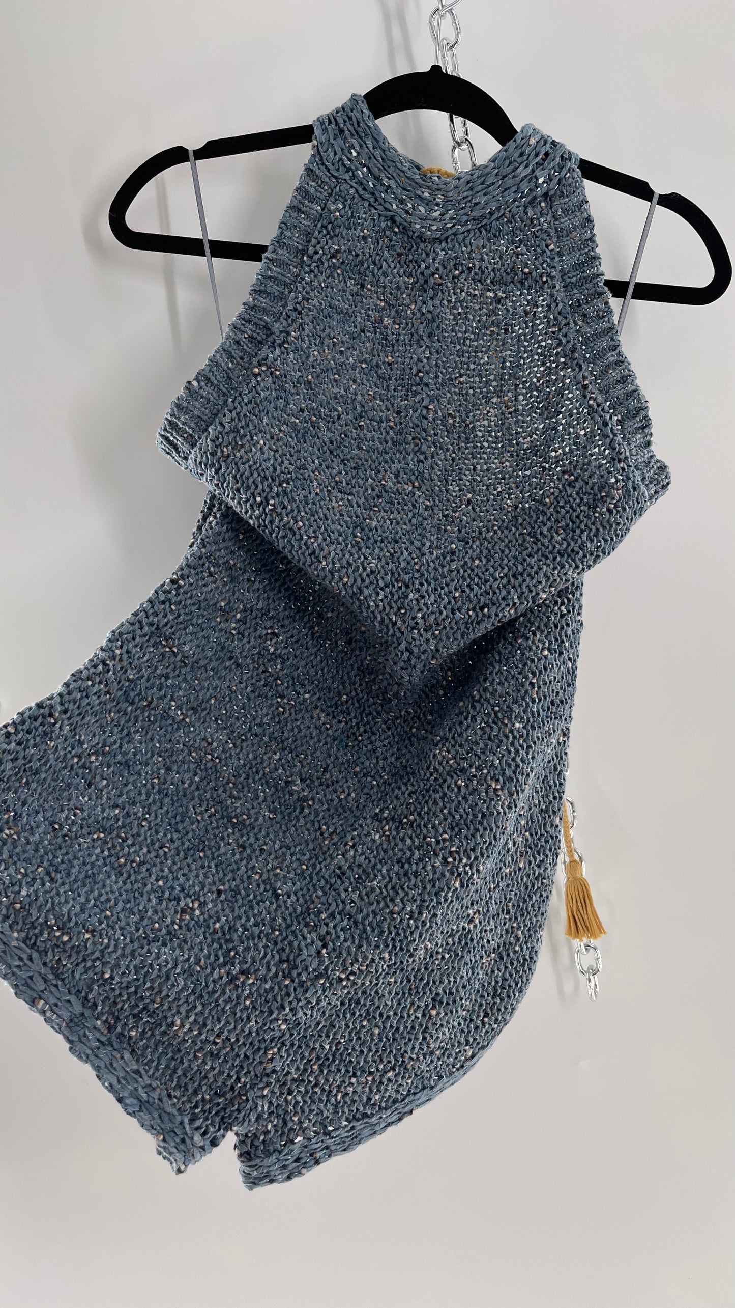 Free People Blue Crochet Knit Halter Romper (Medium)