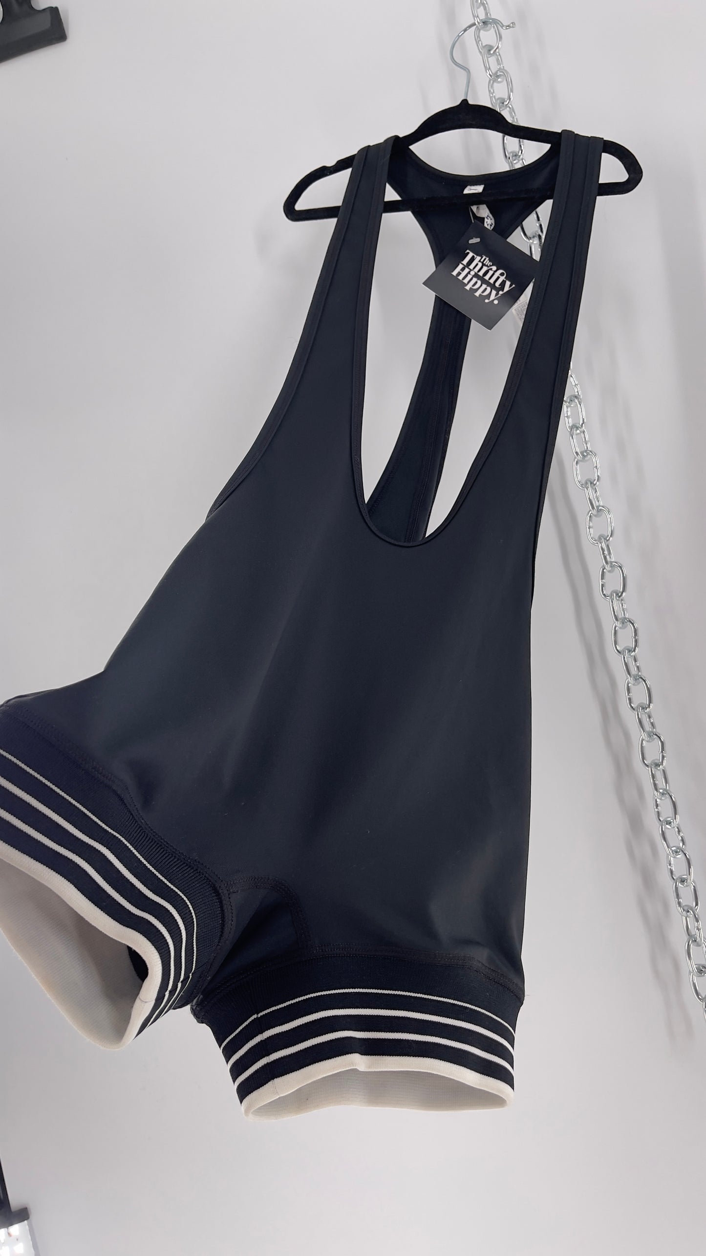 Without Walls Black Swim Romper with Striped Elastic Hems (XS)