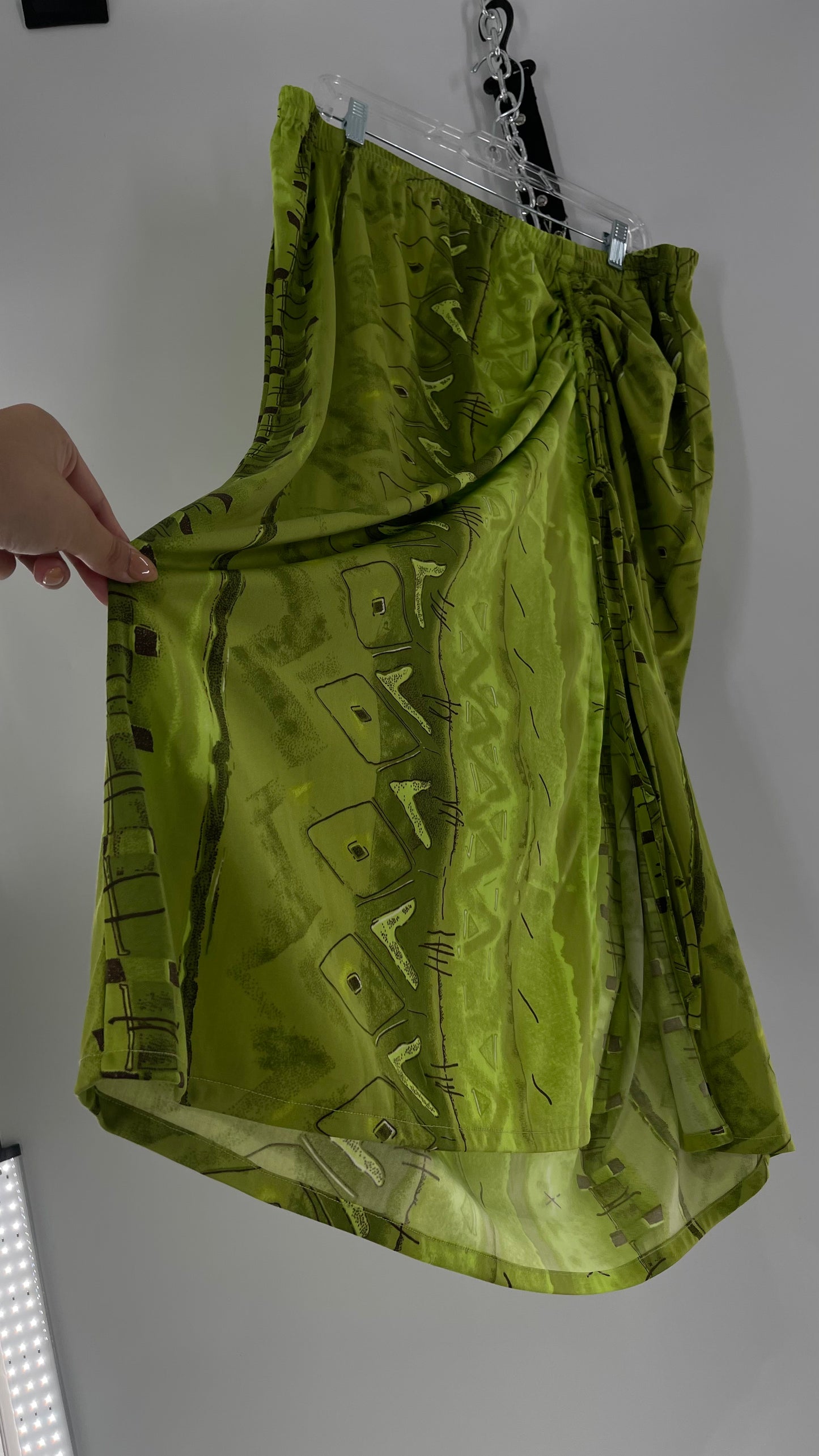 Vintage 90s Lime Green Patterned Ruche Side Slit Skirt (XXL)