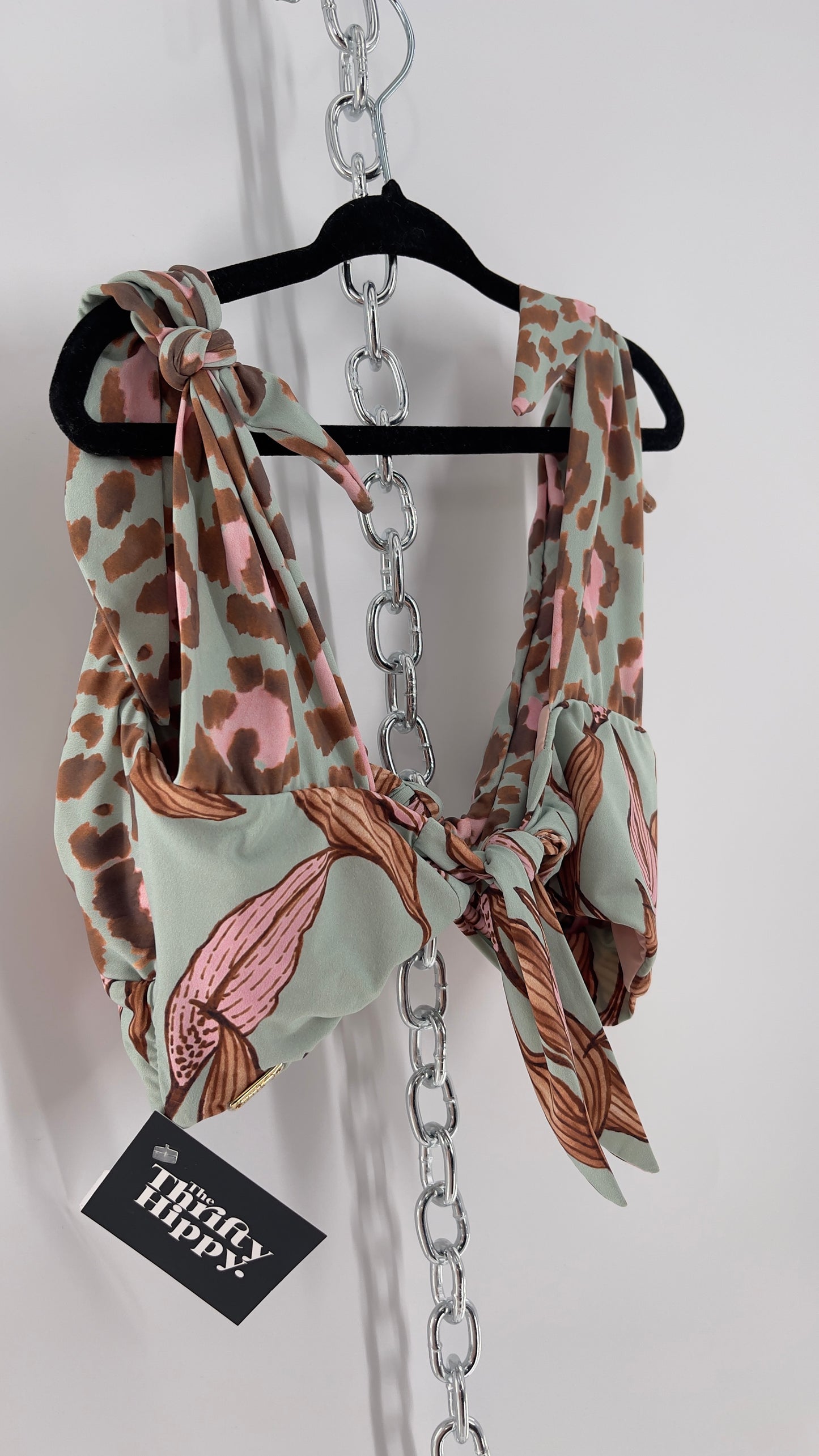 PatBo Light Blue Cheetah Brazilian Swim Top with Tie Bust and Shoulders (XS)