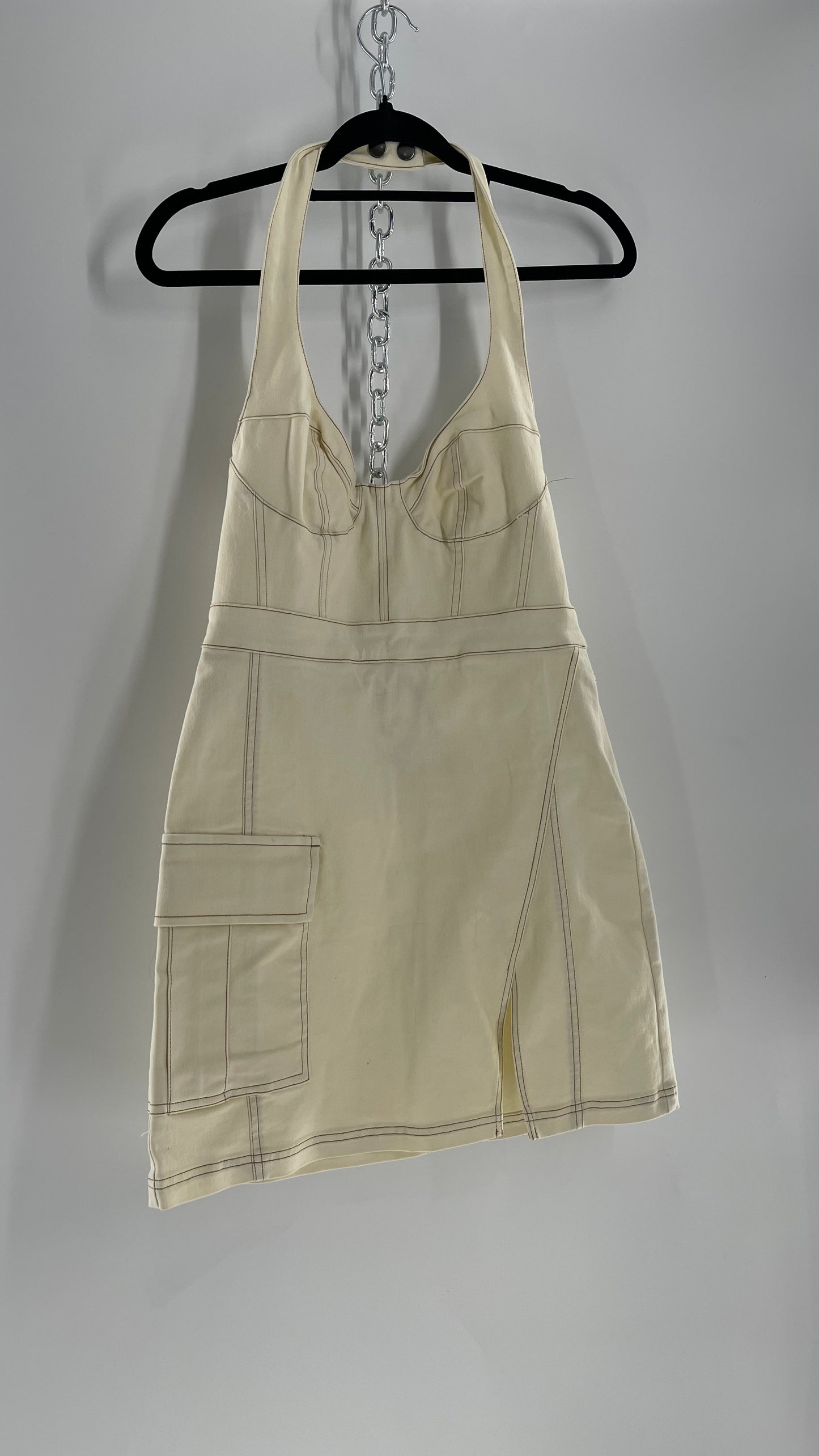 Urban Outfitters Beige Denim Halter Mini Dress (Medium)