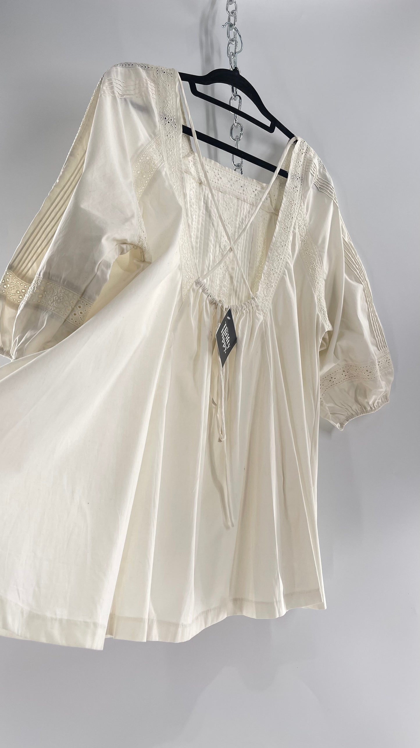Free People White Long Sleeve Mini with Open Back and Lace Detailing (Small)