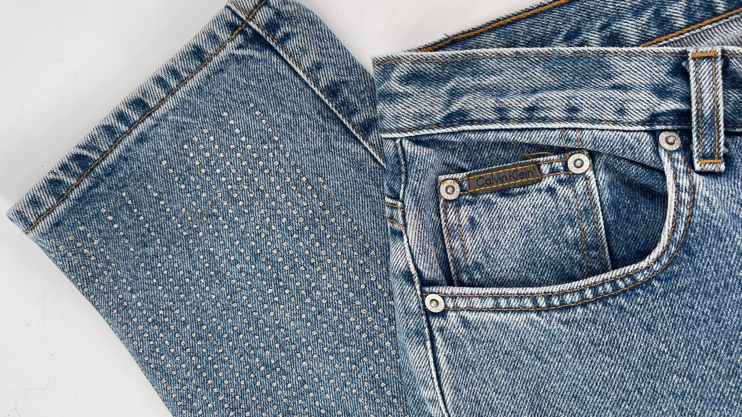 Vintage Calvin Klein Stone Washed Jeans with Silver Glitter Hem (29/30)