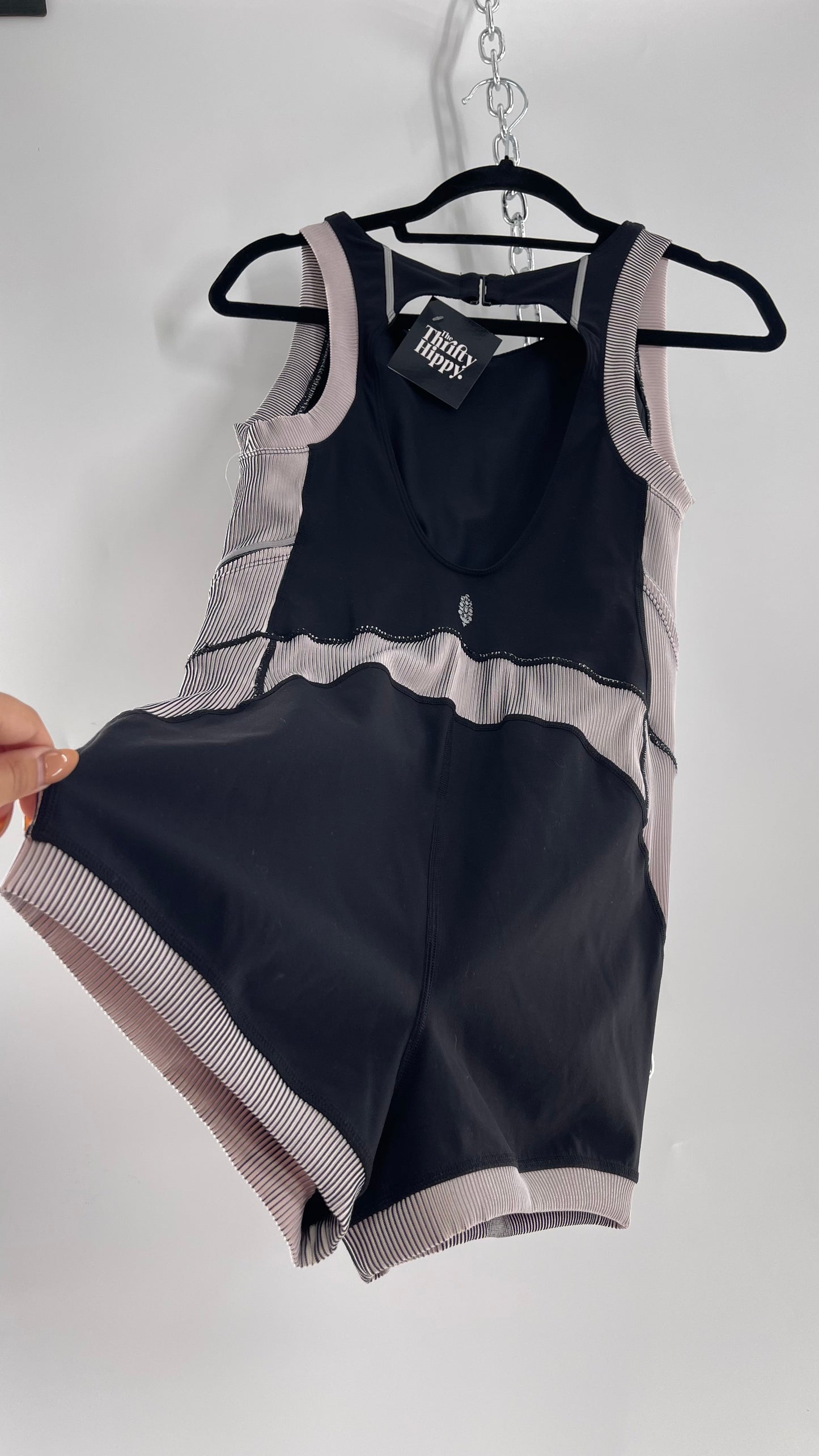 Free People Movement Black and White Open Back Romper (Medium)