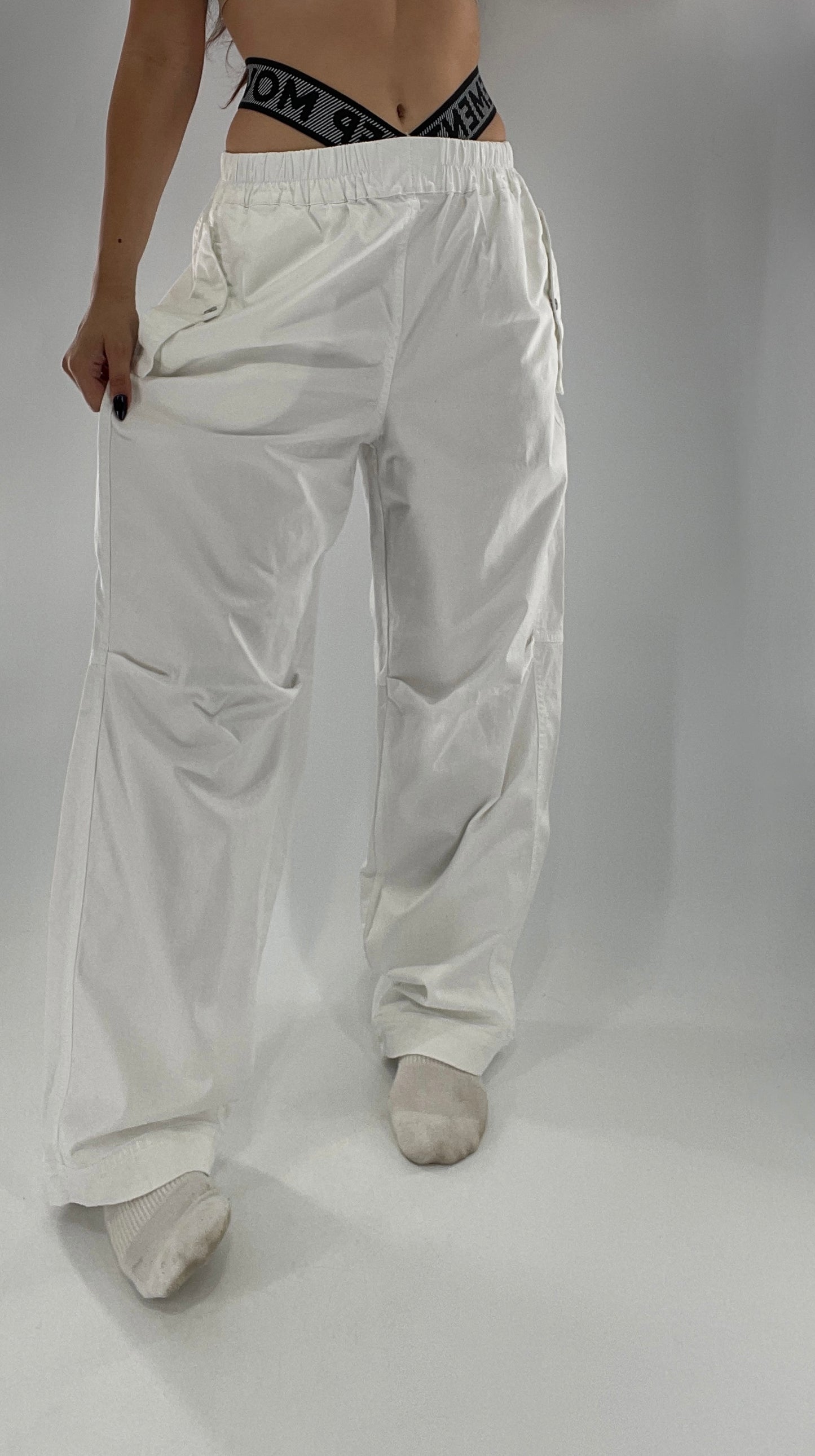 Free People Movement White Carpenter Pant with Branded Double Waistband (Small)