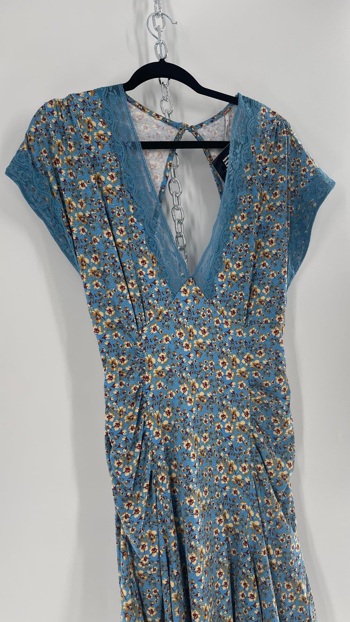 Free People Sweet Talker Blue Floral Ruched Mini Dress (Large)