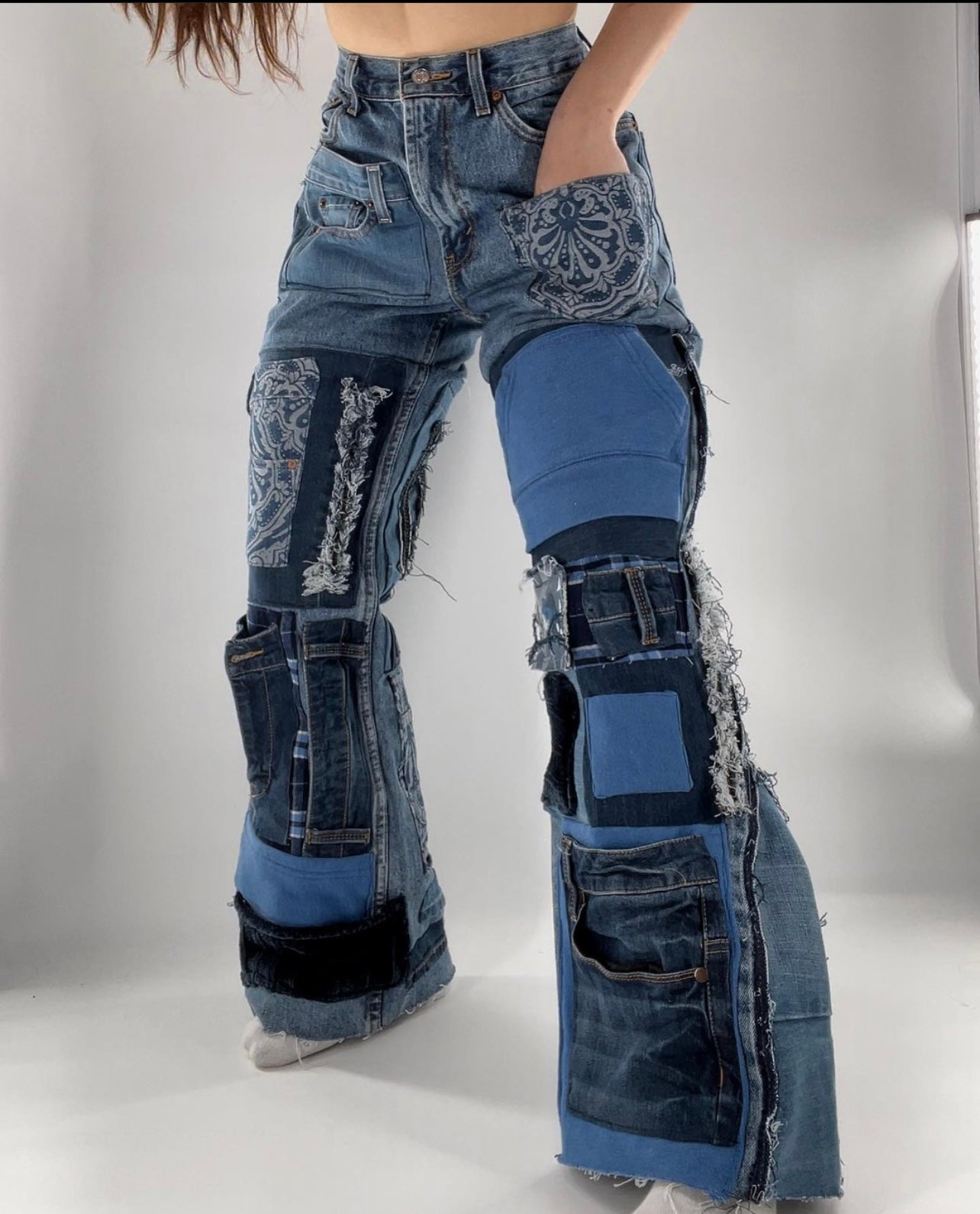 Custom Patchwork Jeans - Handsewn (♼Fits Sz 28-32)