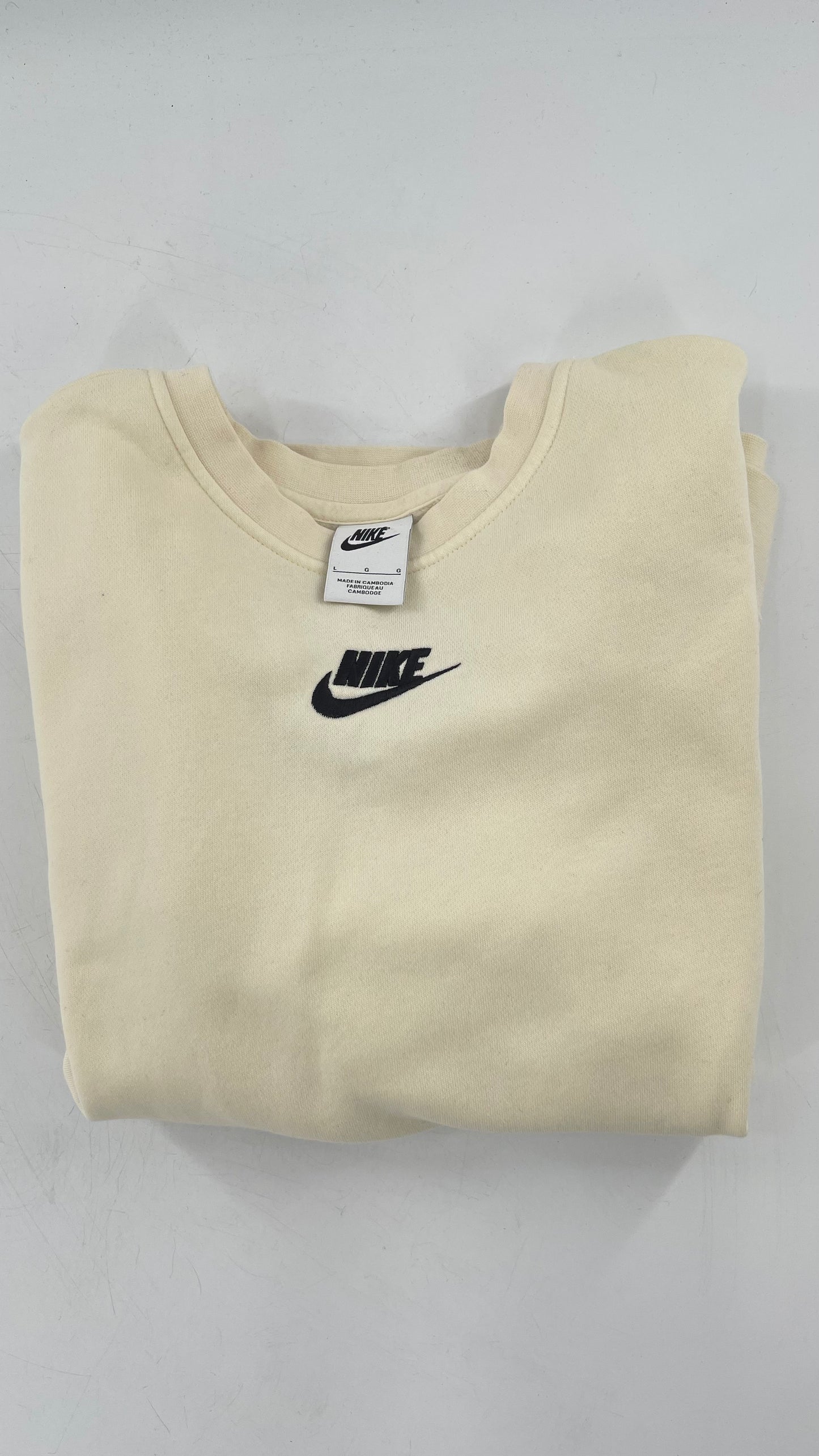 Cream Nike Crewneck with Minimalist Black Chest Logo (Large)
