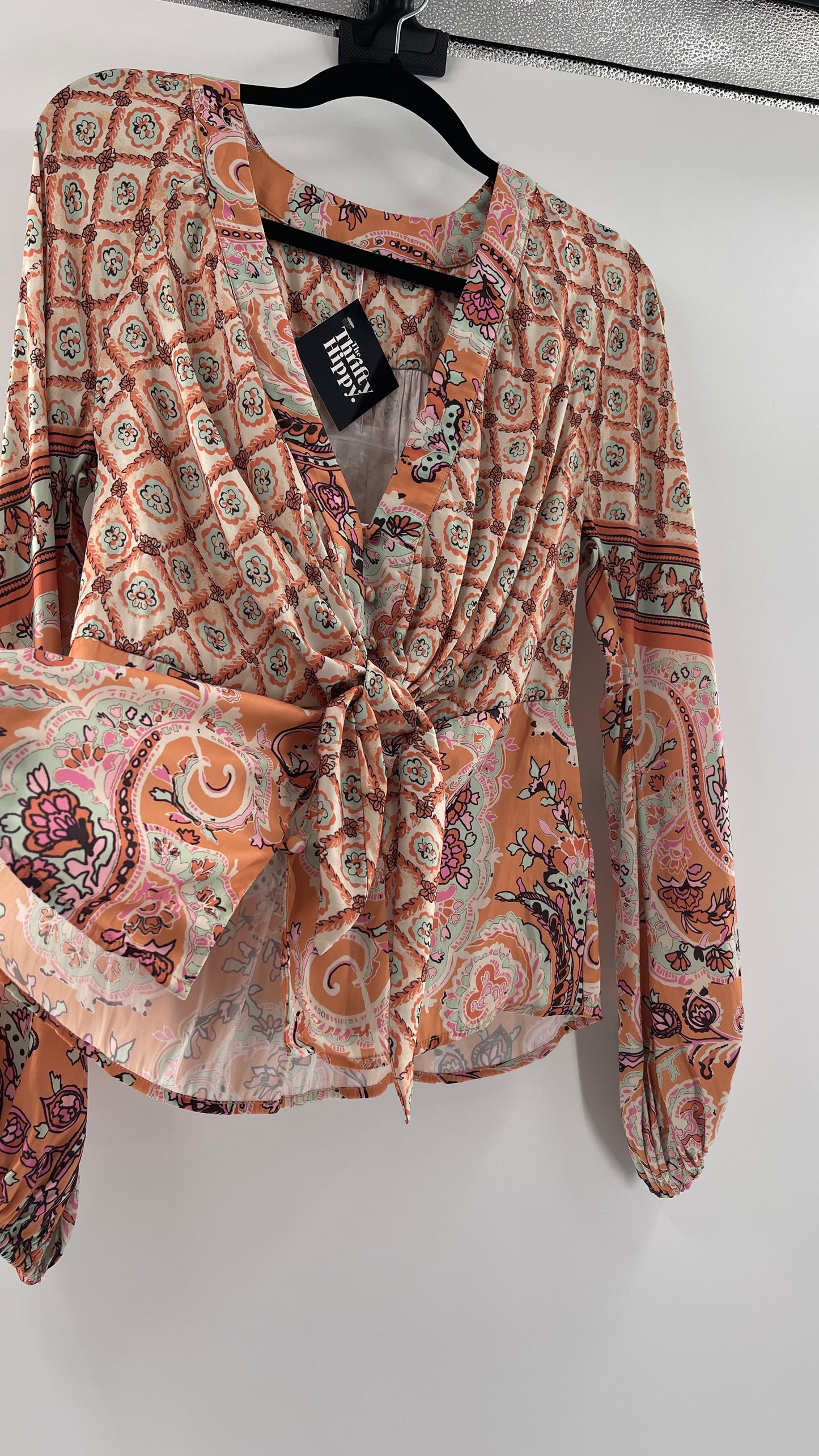 Free People Silky Orange Paisley Tie Front Blouse (M)