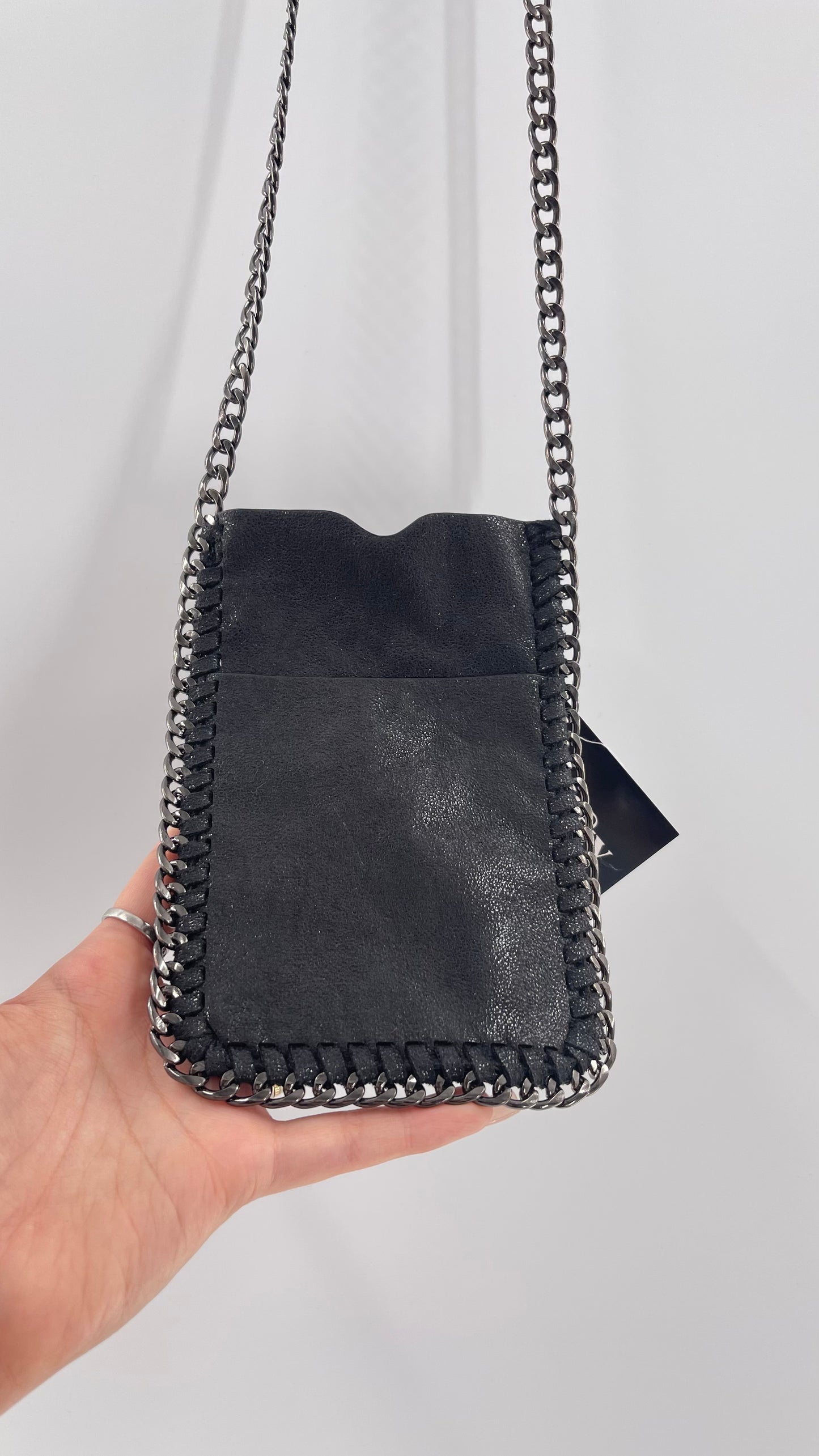 Metallic Black Leather Chain Lined Phone Pouch