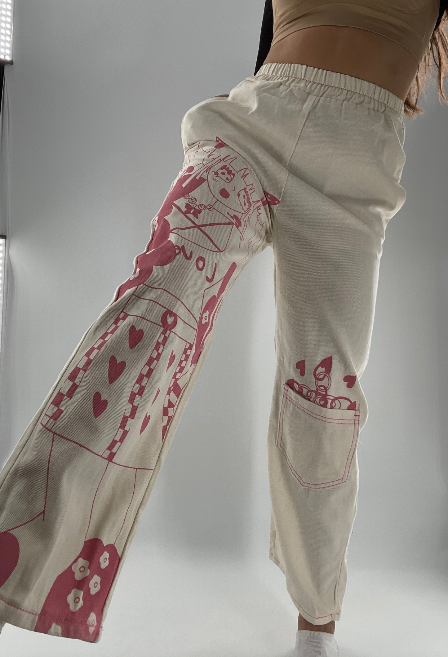 Beige Carpenter Pant with Pocket and Pink Anime Graphic (Medium)