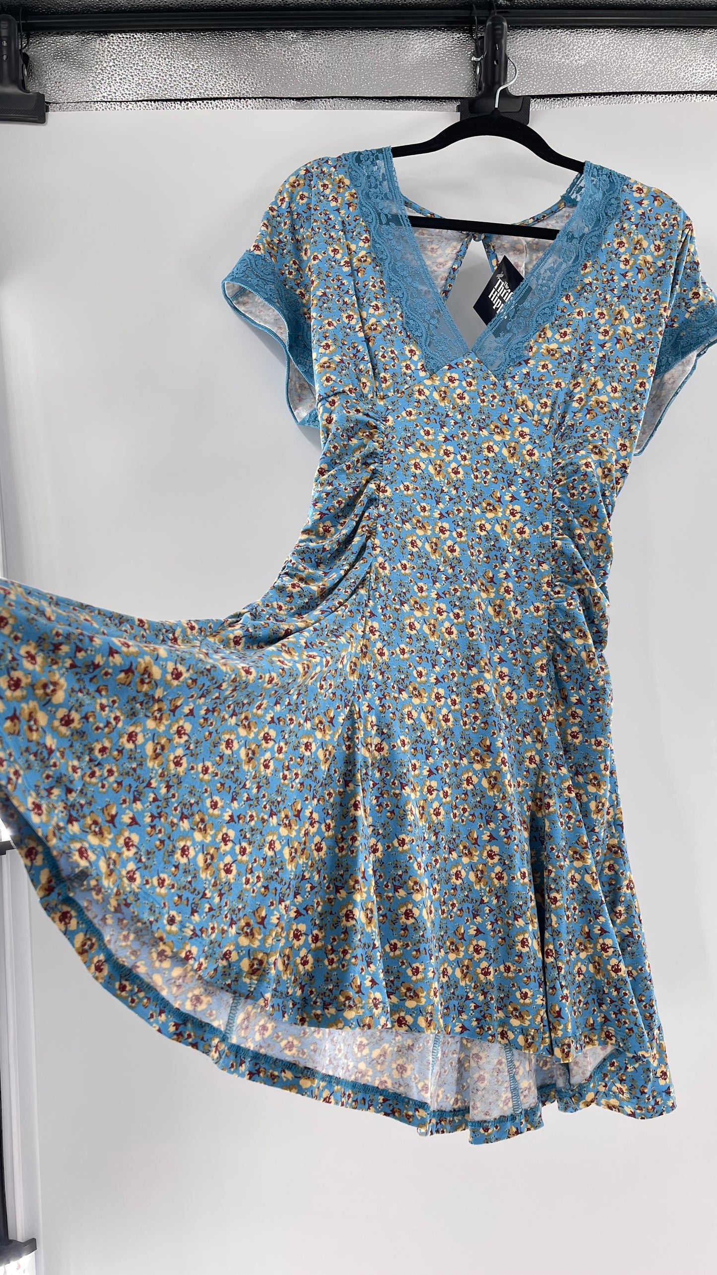Free People Sweet Talker Blue Floral Ruched Mini Dress (Medium)