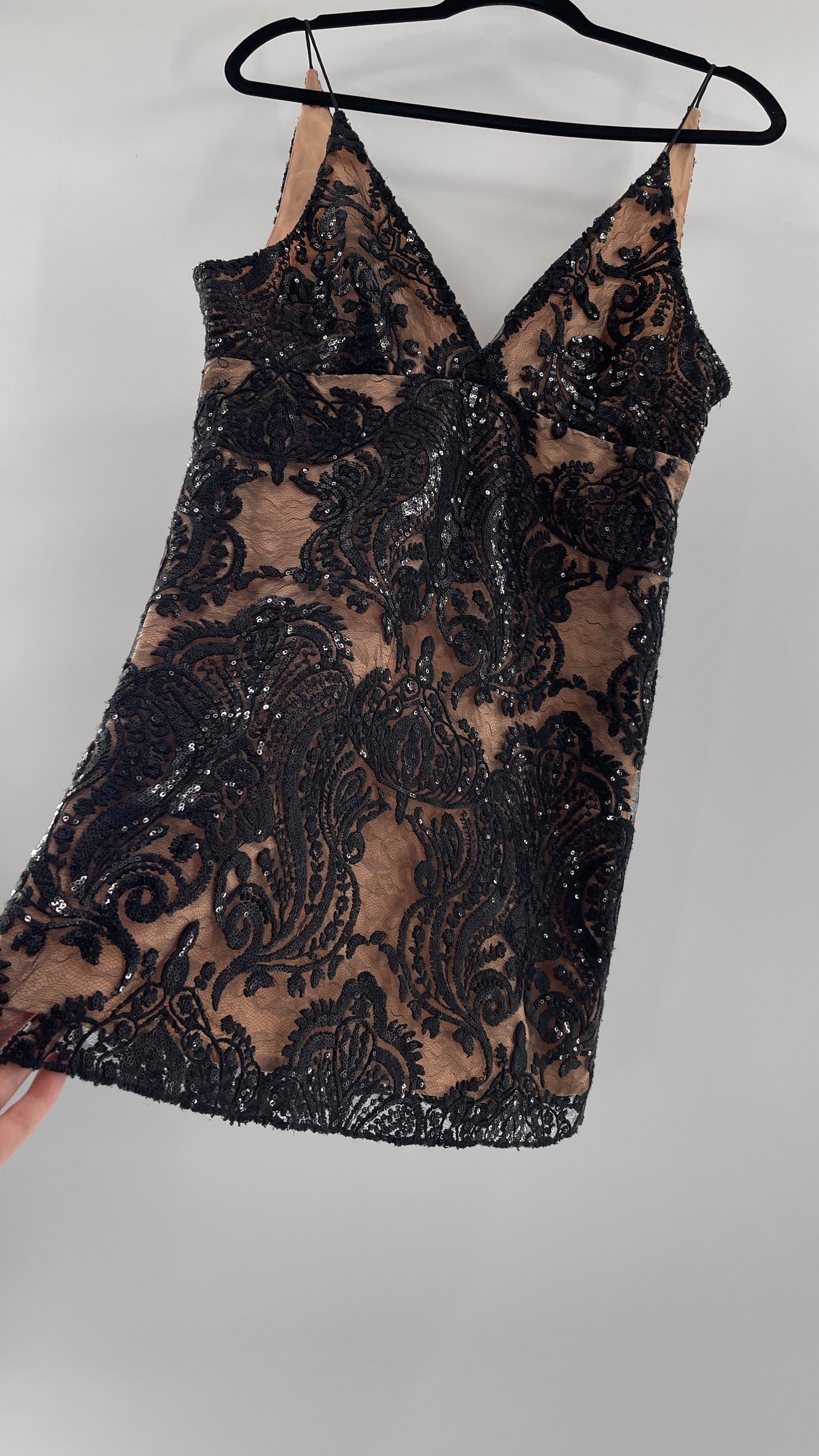 Free People Night Shimmers Nude Dress with Black Sequin Lace (8)