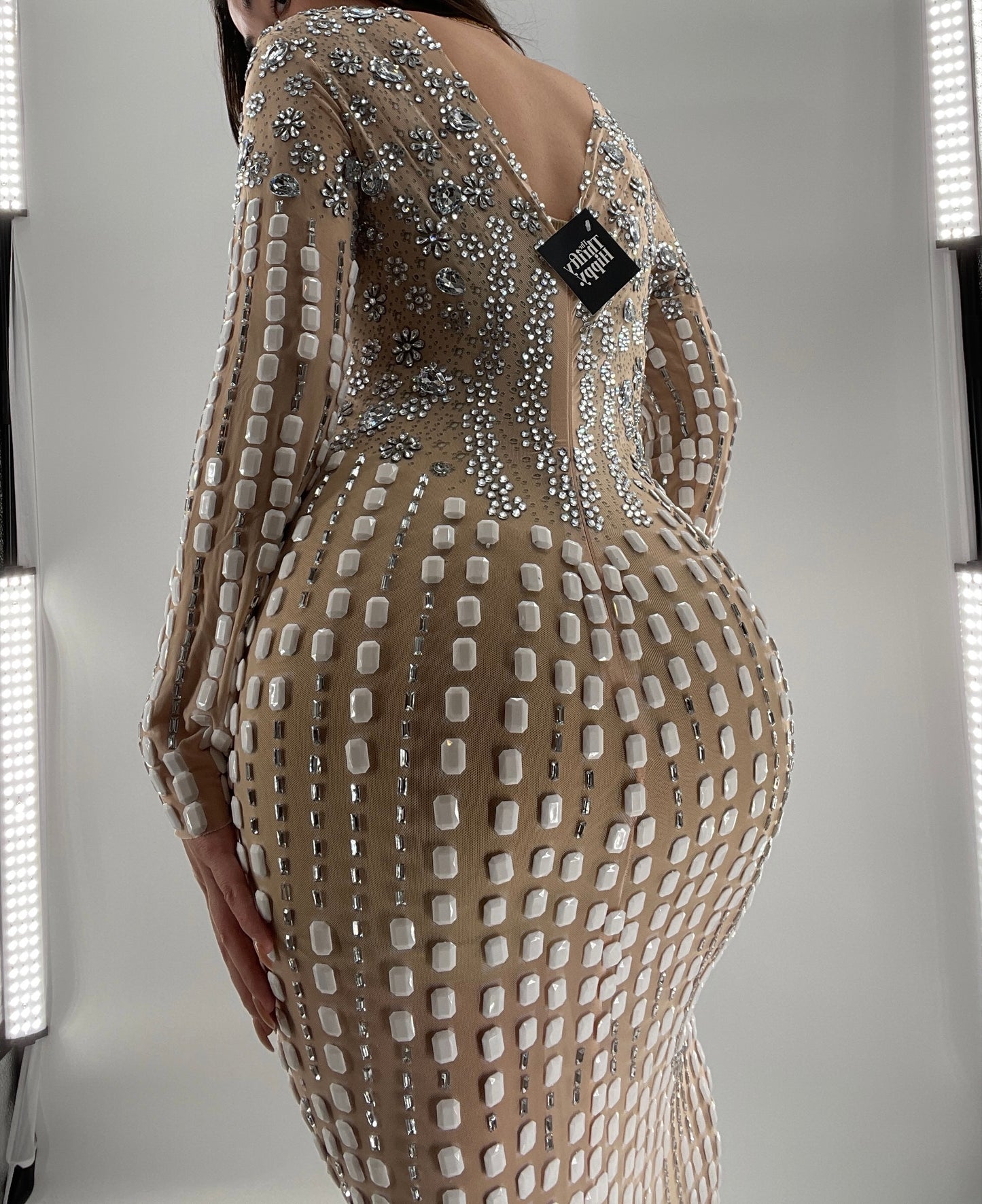 Modified Floor Length Gown Nude Underlay with Crystals and White Jewels (Medium)