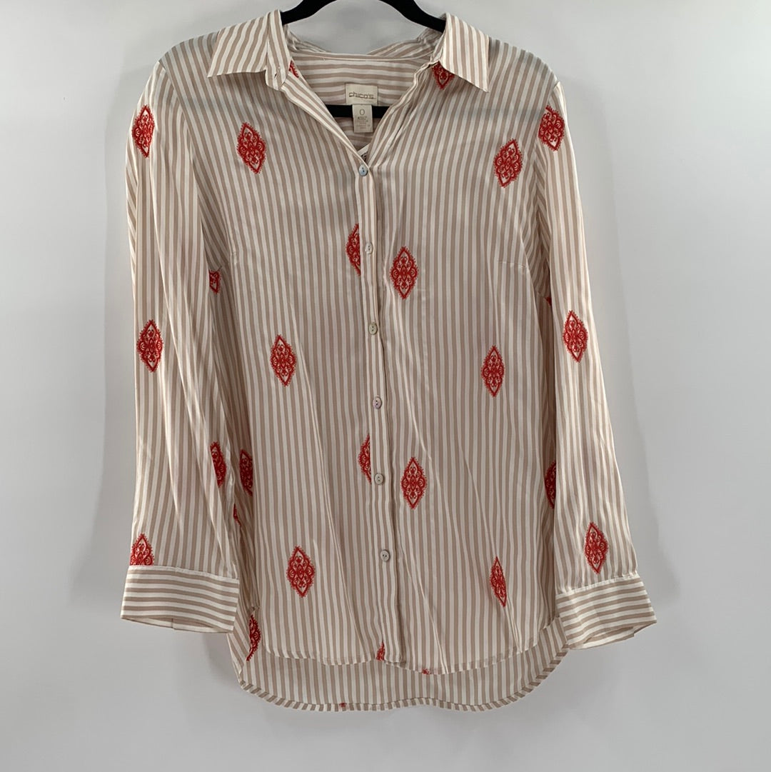 Chicos Striped + Embroidered Button Up (L)