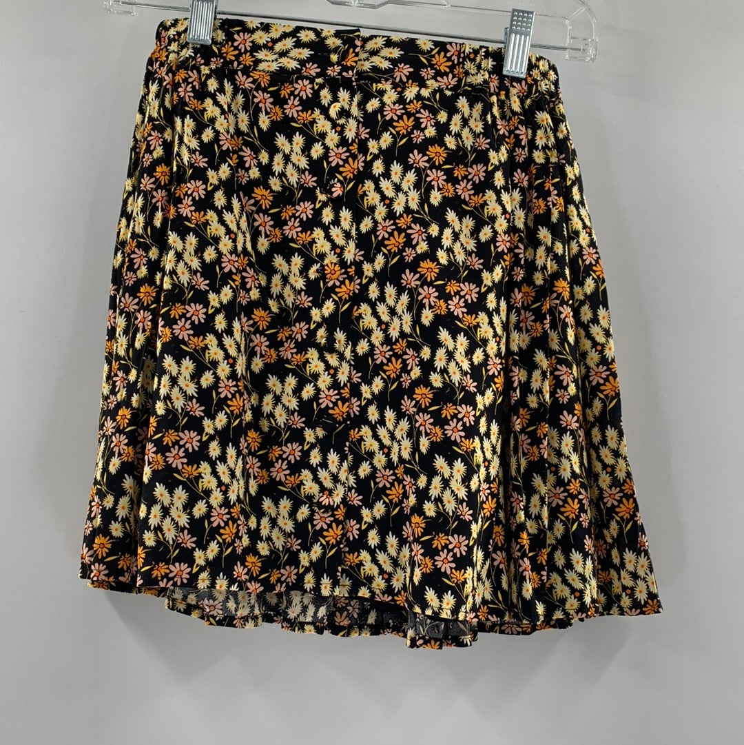 Urban Outfitters Black With Yellow Pink and Orange Flowers , Small Buttons Details on Front of Mini Skirt ( Size XS)