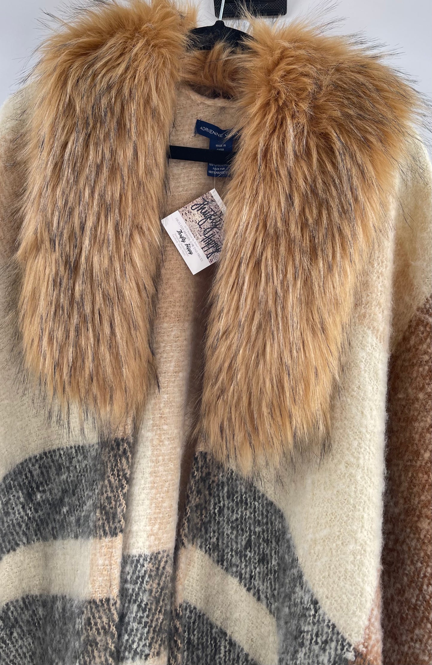 Adrienne Vitadinni Fringe Plaid Fur Collar Cape (OS)