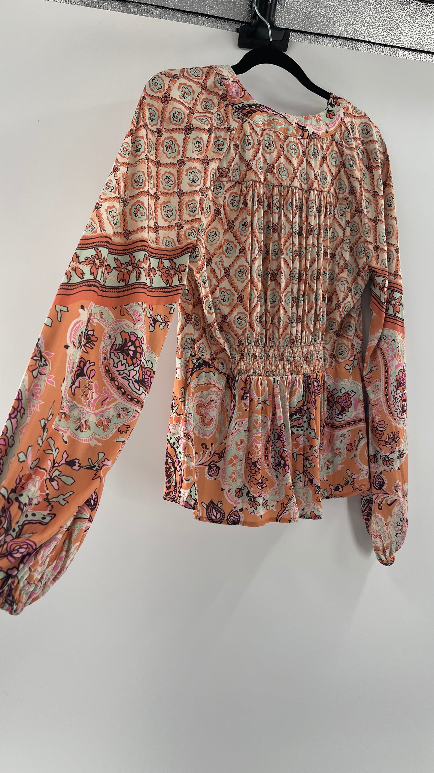 Free People Silky Orange Paisley Tie Front Blouse (M)