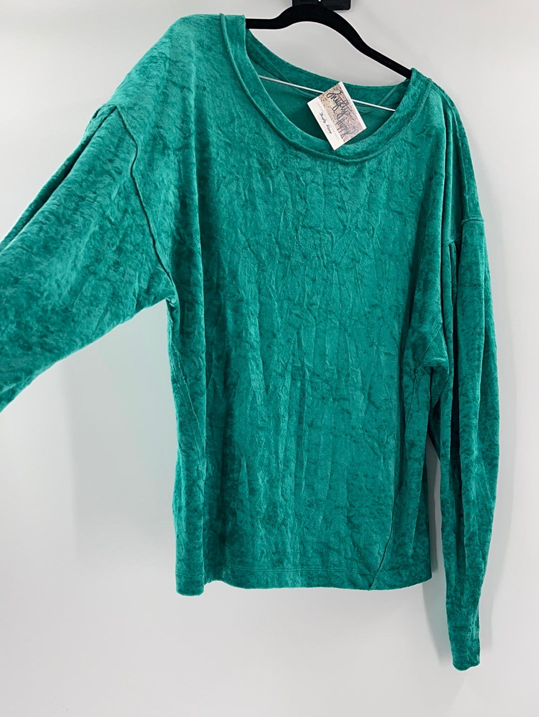 Free People -WE THE FREE Milan Crushed Velvet Long Balloon Sleeve Green Top (Size Large)