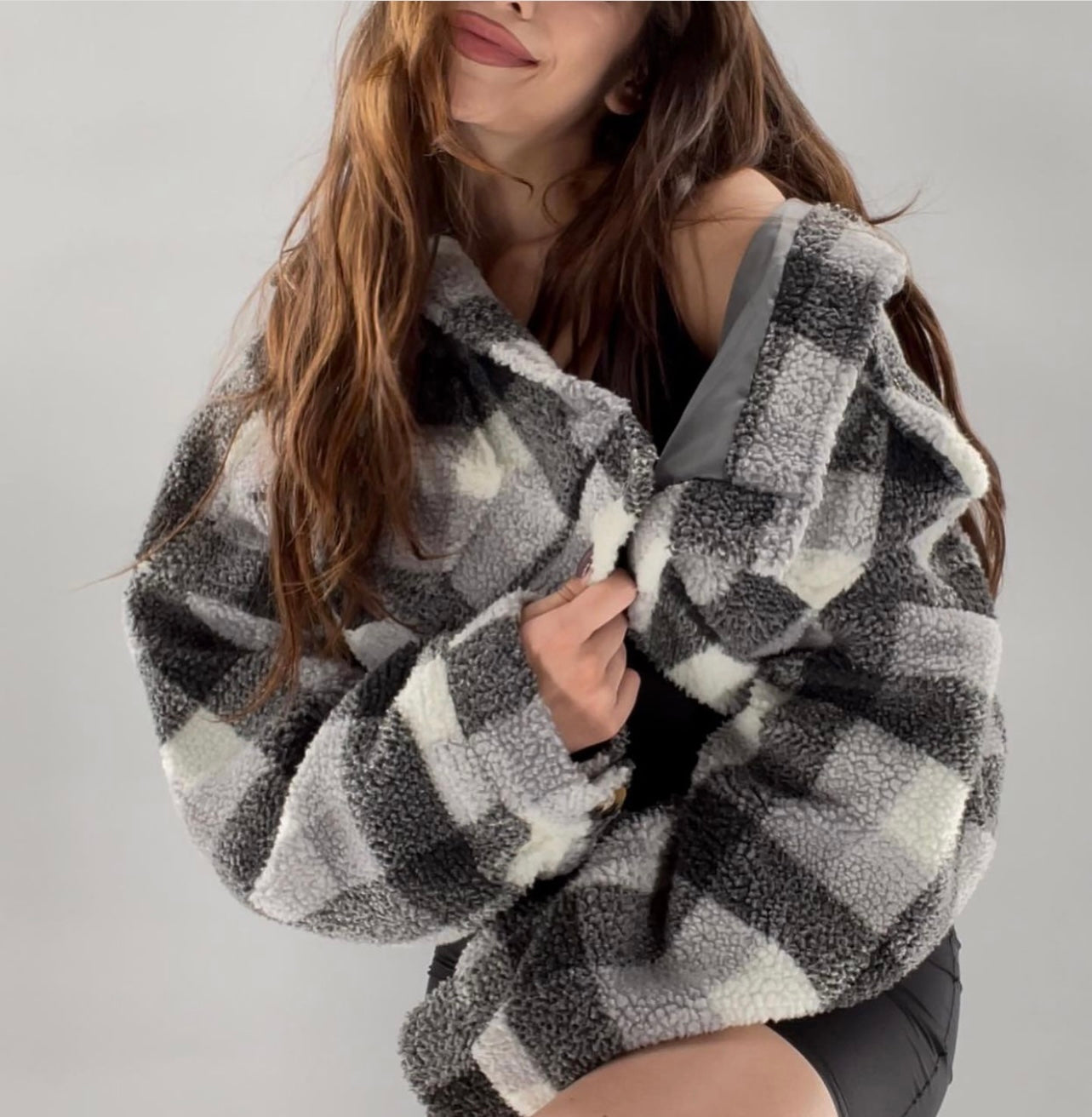 E.SSUE Cropped Sherpa Gray White Plaid Jacket (Size S)