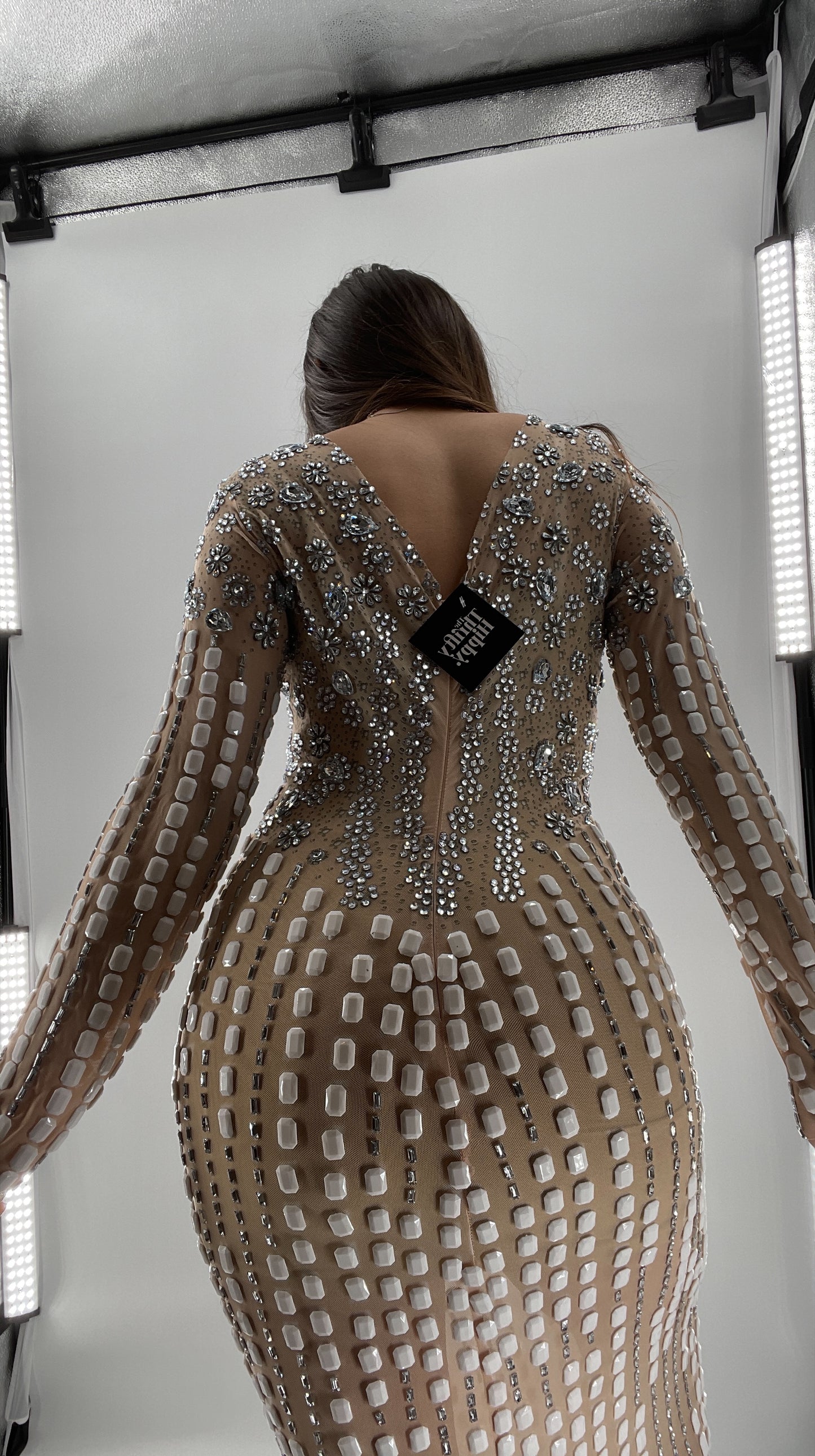 Modified Floor Length Gown Nude Underlay with Crystals and White Jewels (Medium)