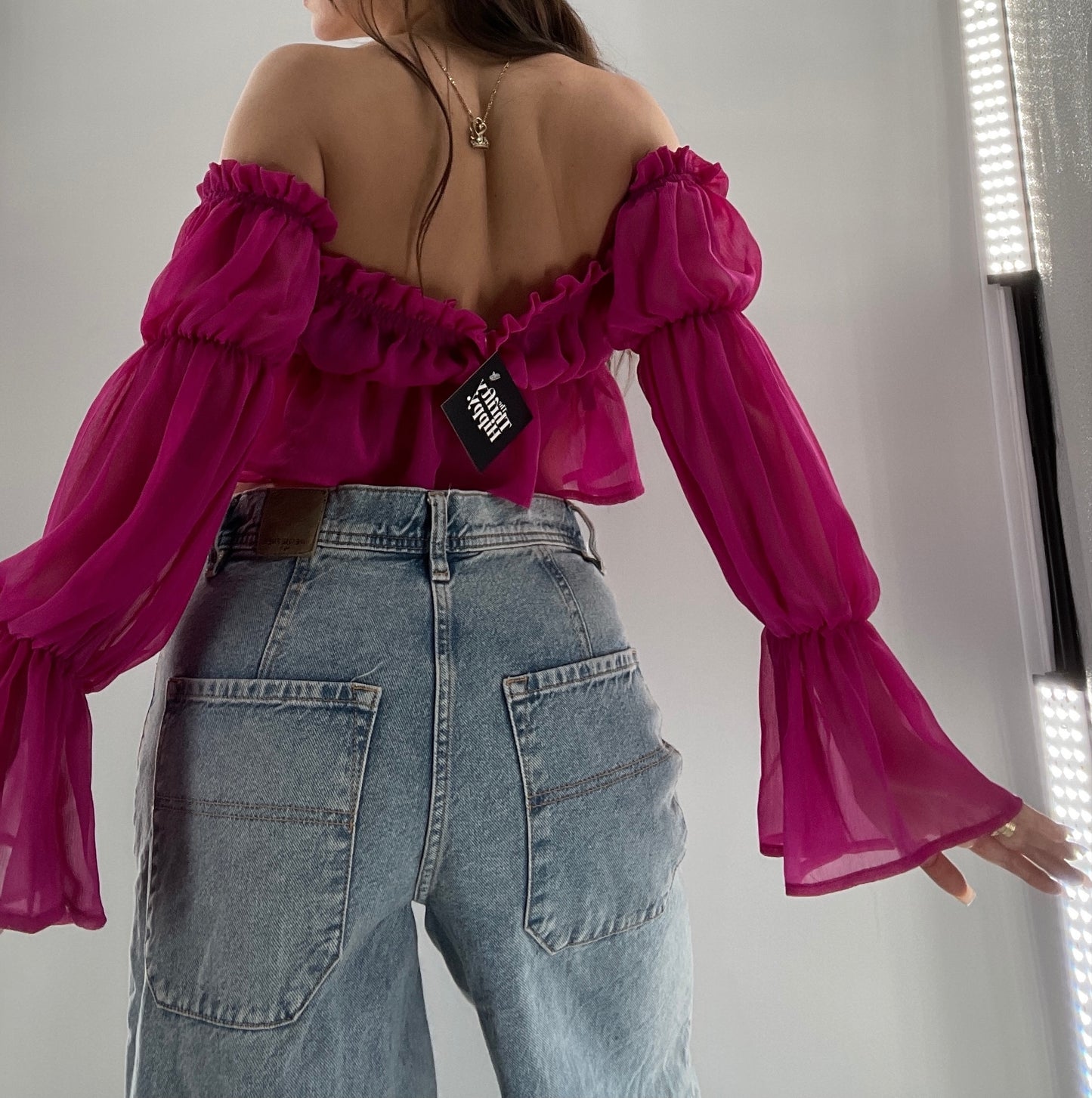Fashion Nova Fuchsia Sheer Long Sleeve Crop (Small)