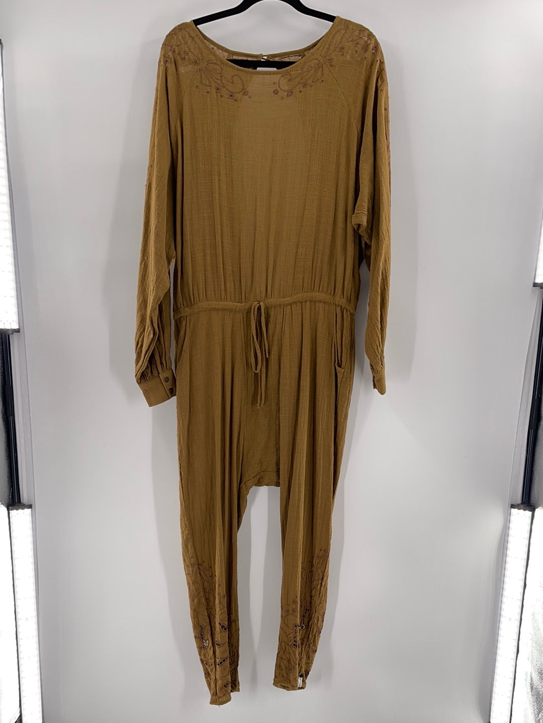 Free People - One Teaspoon - Tobacco Long Sleeve Embroidered Laser Cut Details Adjustable Drawstring Waist Line With Side Pockets Backless Jumpsuit (Size Small) - WITH TAG -