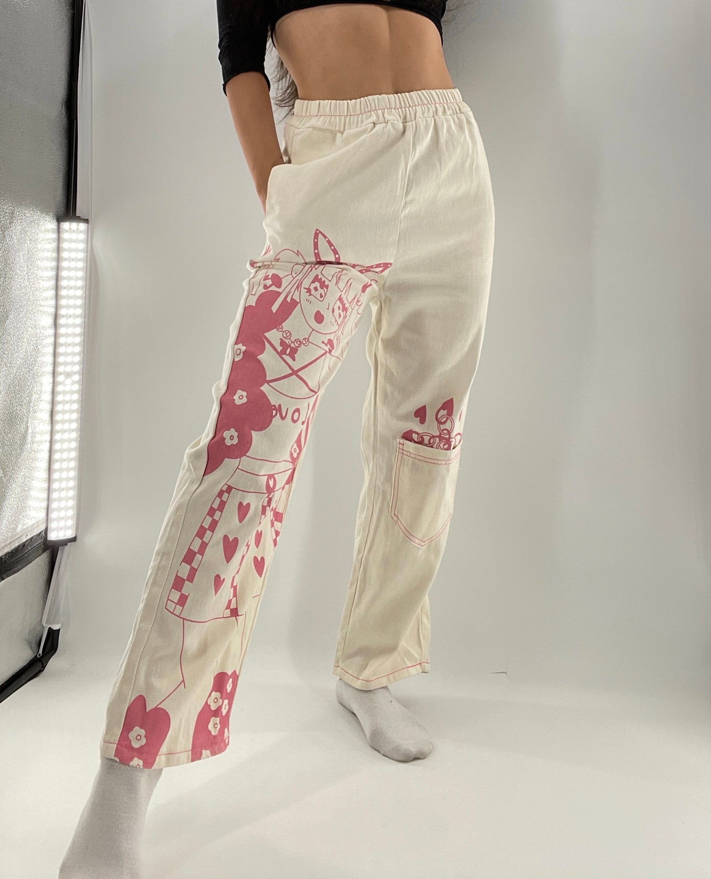 Beige Carpenter Pant with Pocket and Pink Anime Graphic (Medium)