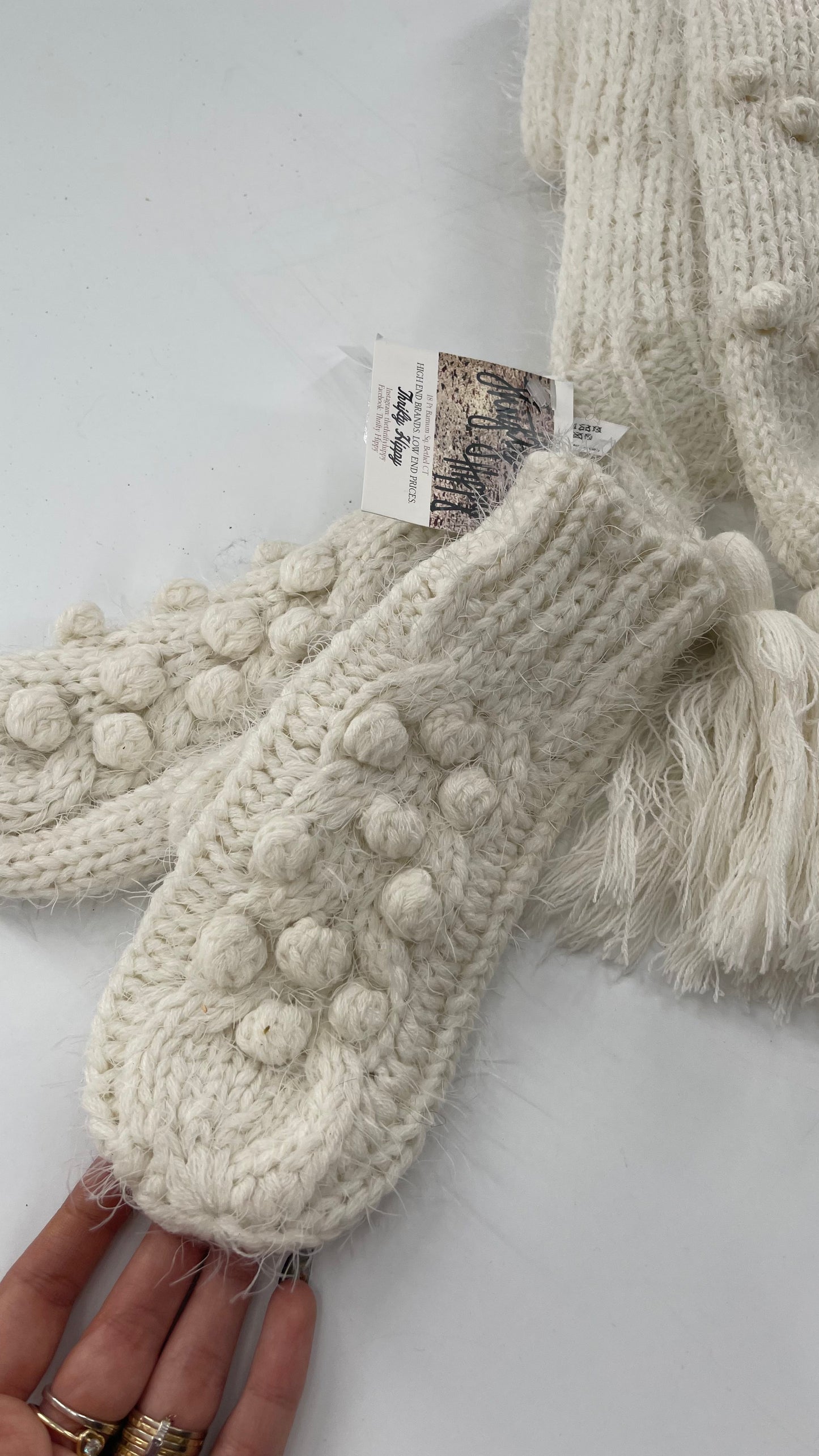 Free People White Knit Scarf and Mitten Set