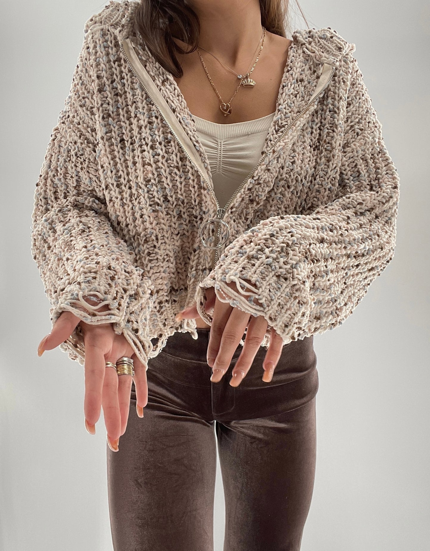 Miracle Distressed Chenille Zip Front Hoodie (S/M)