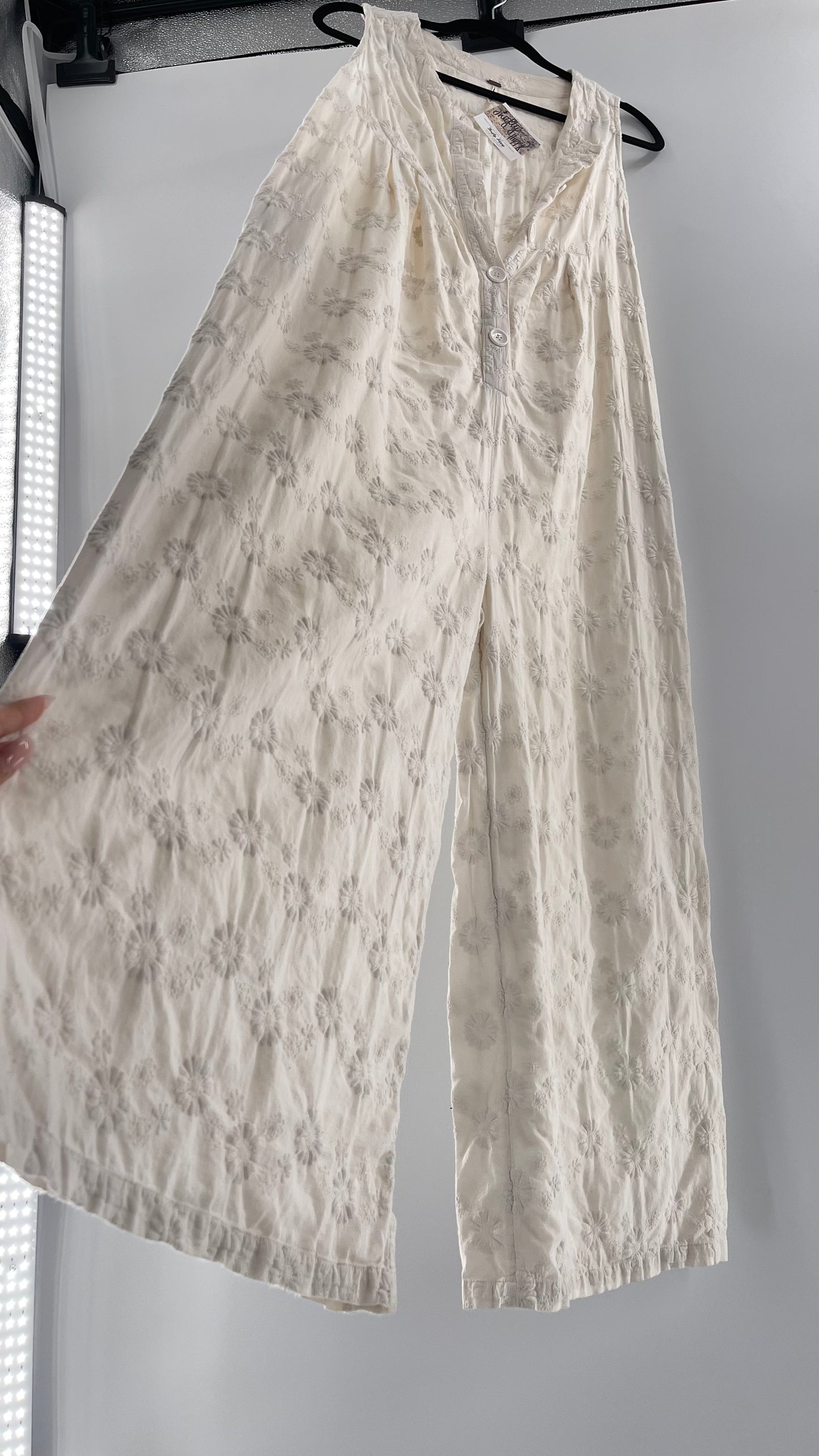 Free People White Sleeveless Embroidered Flower Jumpsuit