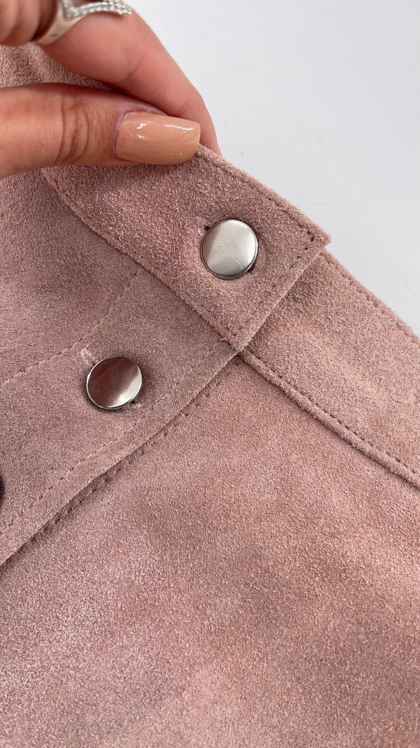Free People Understated Leather Dusty Pink Suede Button Side Mini Skirt (Small)