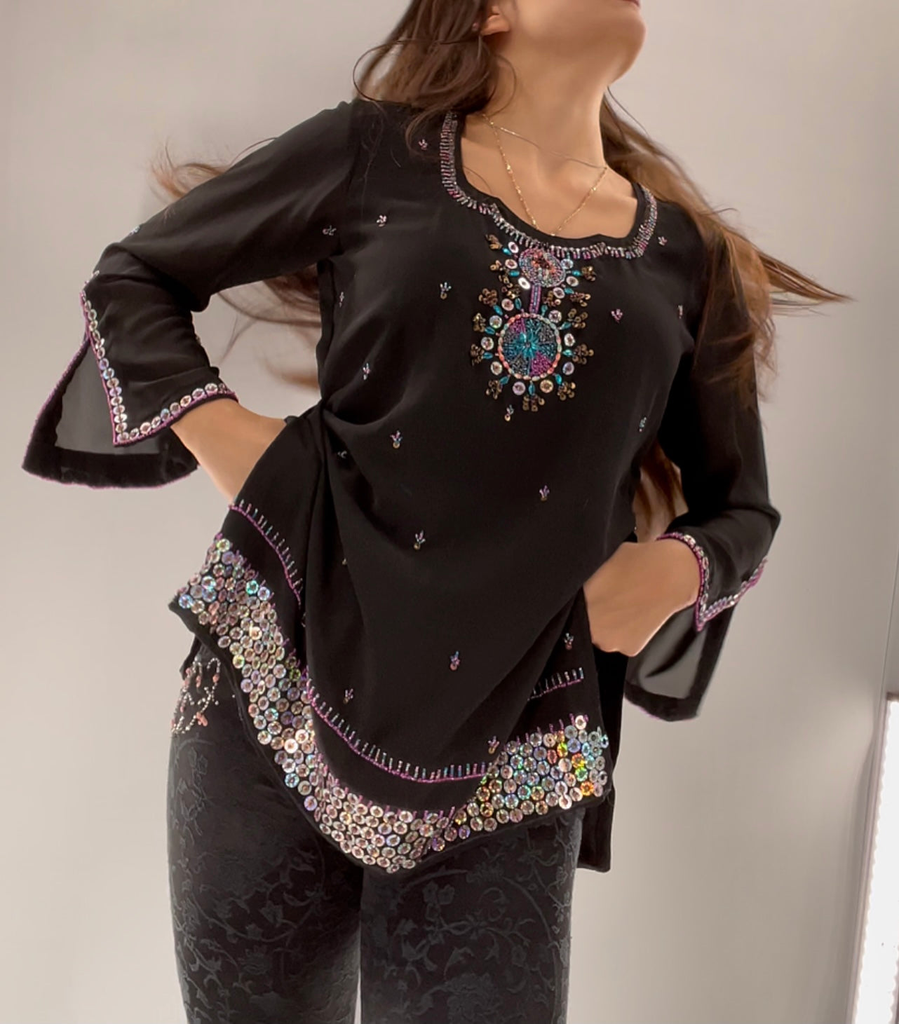 Black Long Sleeve Beaded Tunic (Large)