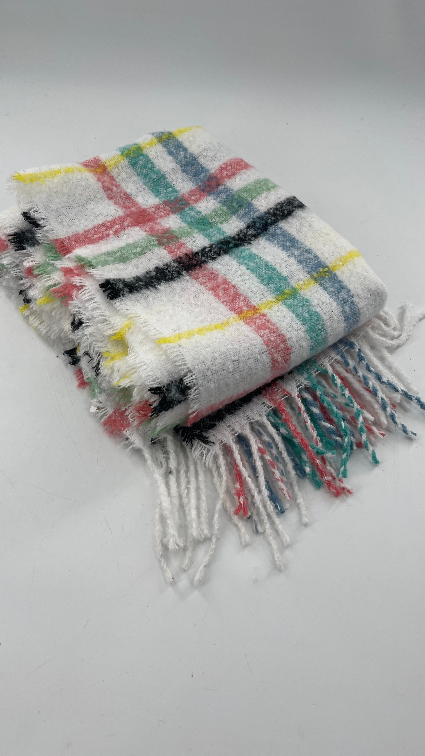 Aerie White Scarf with Colorful Flannel Pattern + Fringe