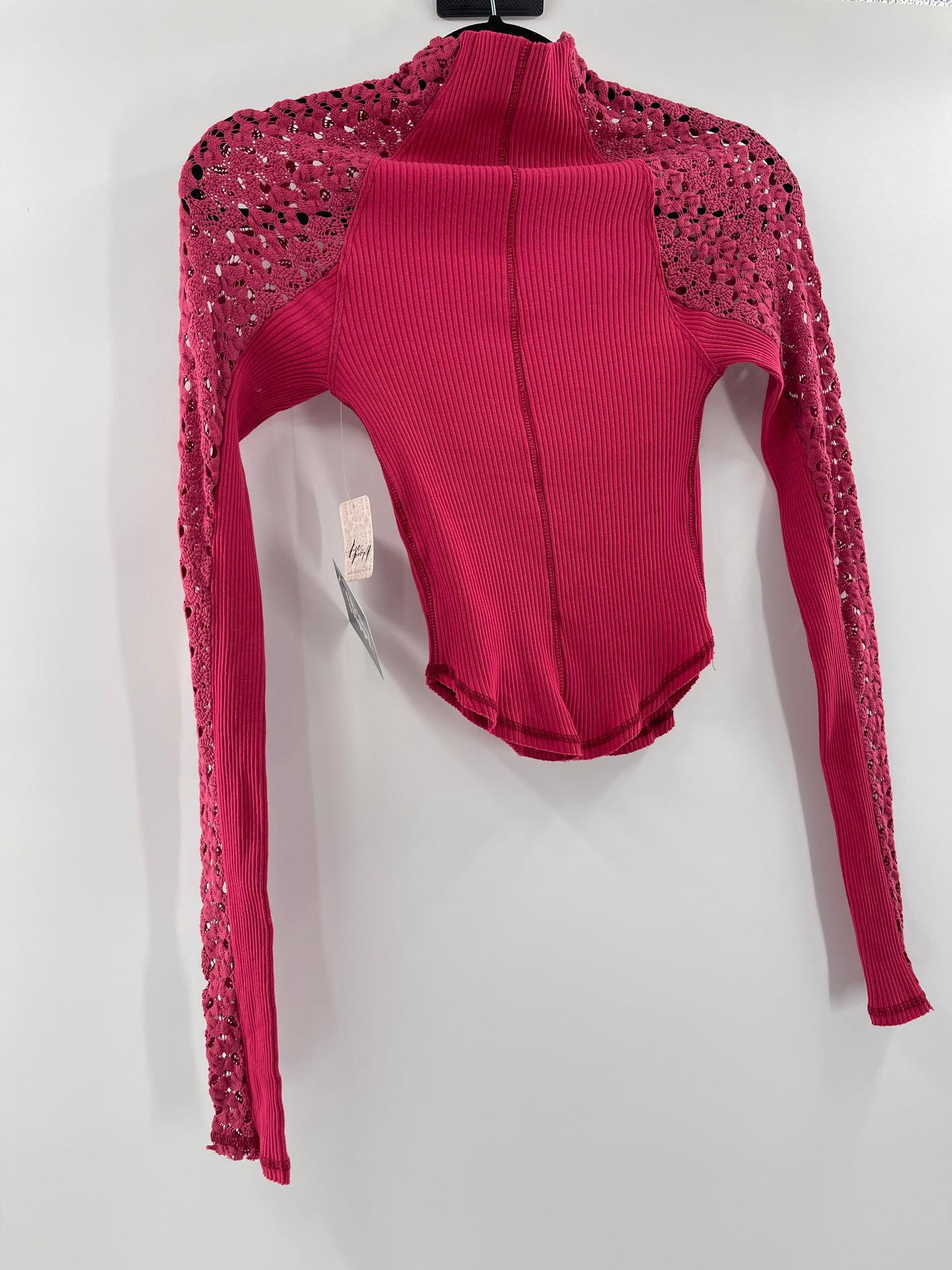 Free People Red Ribbed Knit + Lace Mock Neck (XS)